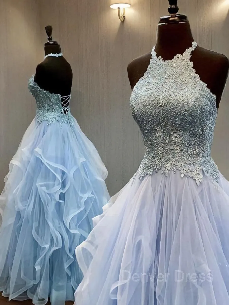 A-Line Halter Floor-Length Tulle Prom Dresses With Appliques Lace