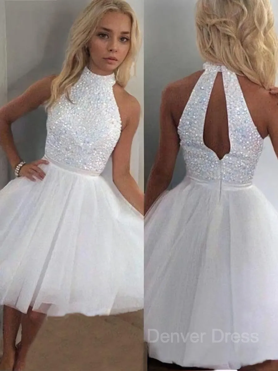 A-Line Halter Short Tulle Homecoming Dresses With Beading