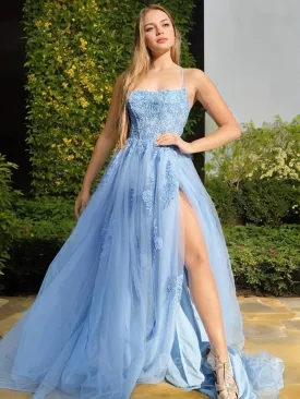 A-Line Halter Sweep Train Tulle Prom Dresses With Leg Slit