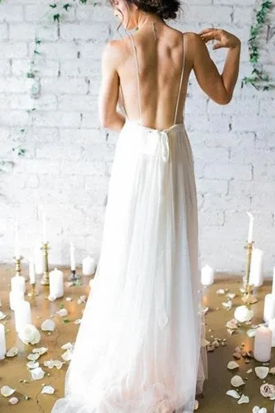 A Line Ivory Chiffon Straps Beach Wedding Dress