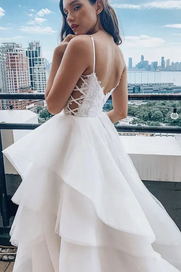 A Line Spaghetti Straps Prom Dress White Lace Wedding Dress