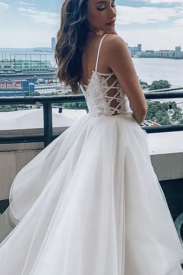 A Line Spaghetti Straps Prom Dress White Lace Wedding Dress