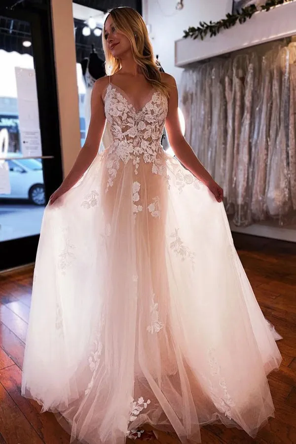 A Line Spaghetti Straps Tulle Wedding Dress Backless Bridal Gown