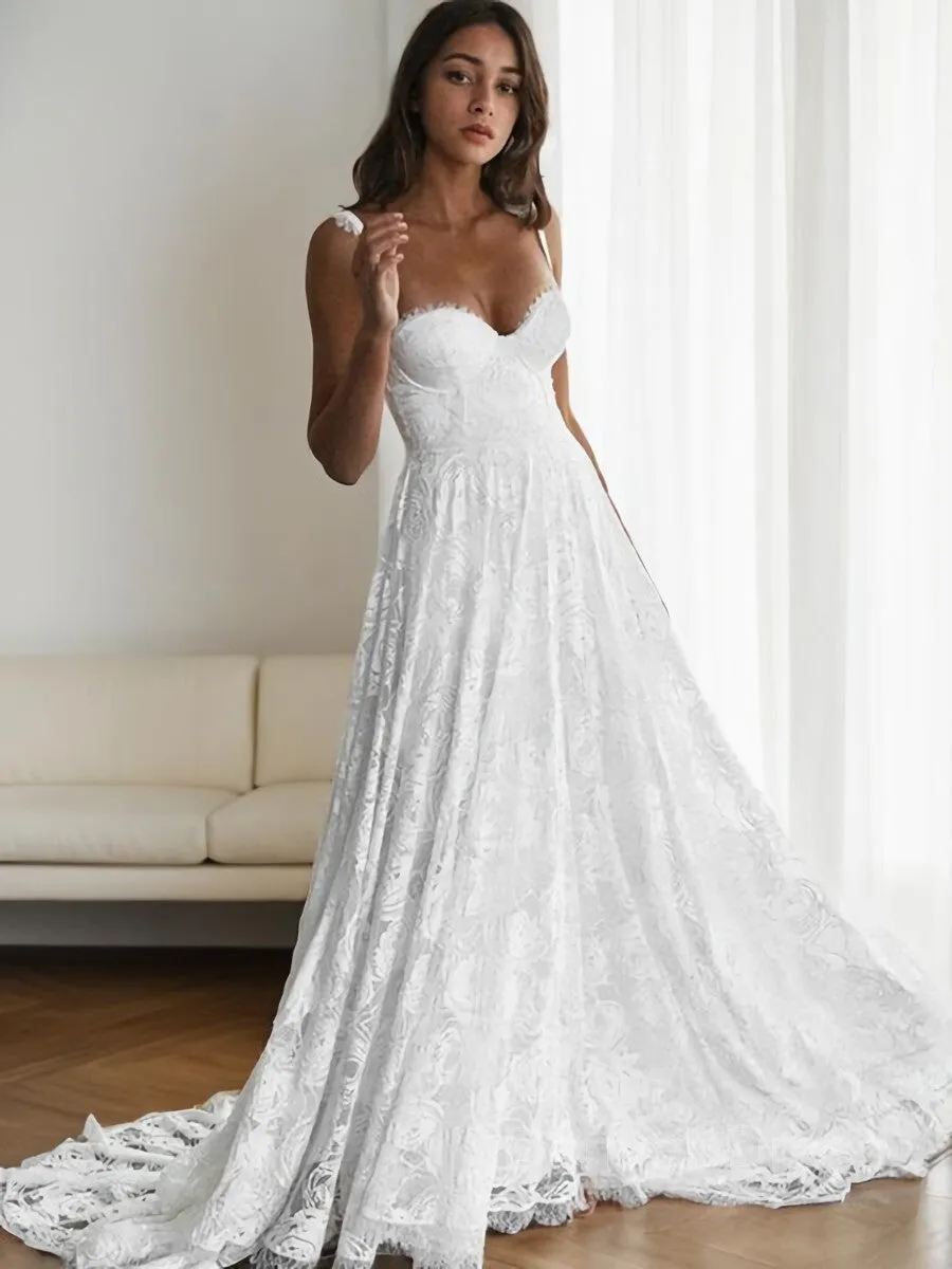 A-Line Straps Sweep Train Lace Wedding Dresses