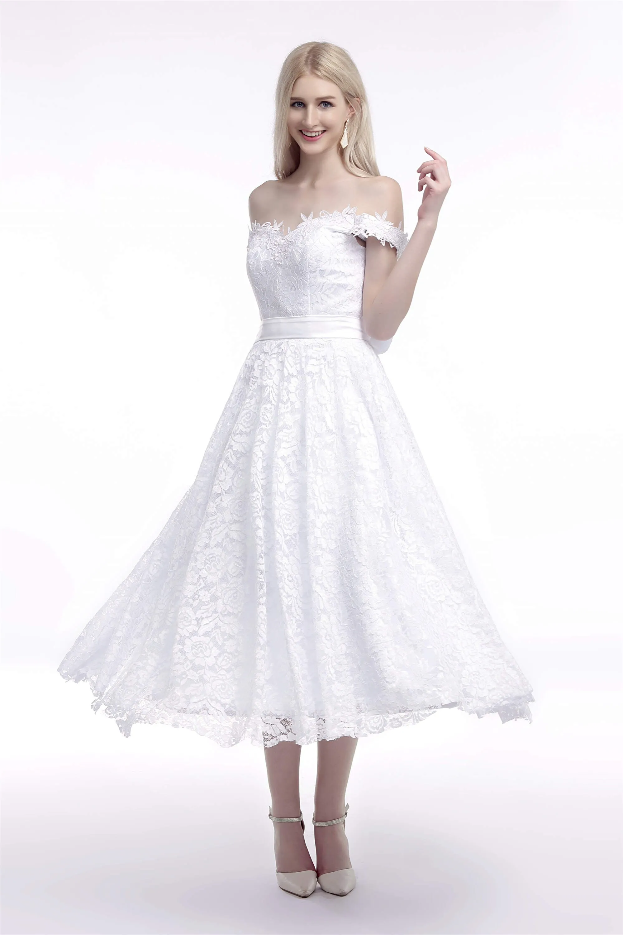 A Line Tea Length Lace Off Shoulder Mid-length Wedding Dresses