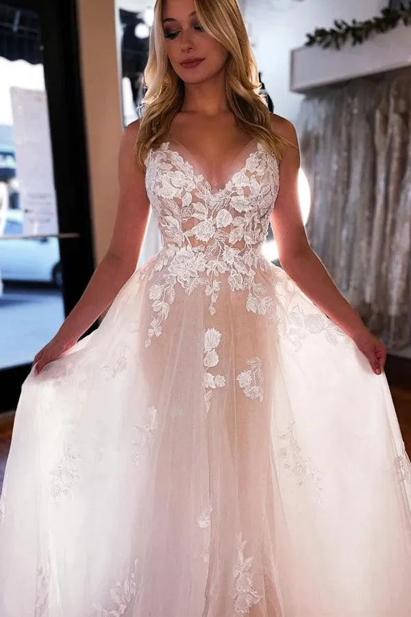 A-line V Neck Light Champagne Tulle Ivory Lace Wedding Dress WD595