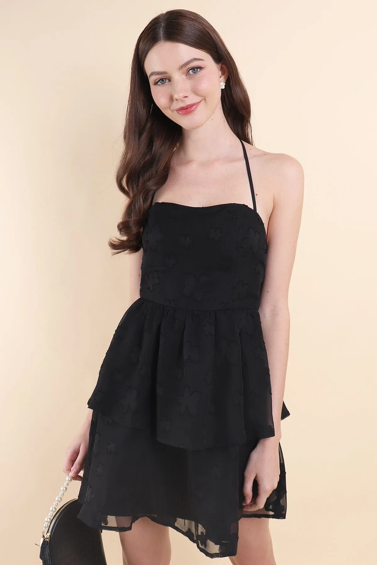 AMARIS PADDED HALTER DRESS IN BLACK