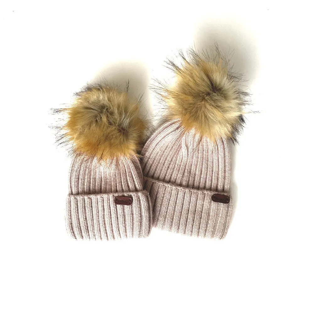 Angora Kids Wool Beanies (with Detachable Pompom) - Creamy Taupe