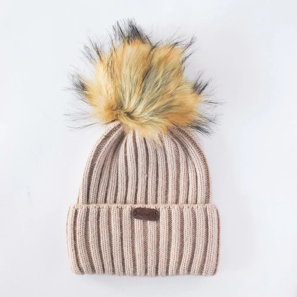 Angora Kids Wool Beanies (with Detachable Pompom) - Creamy Taupe