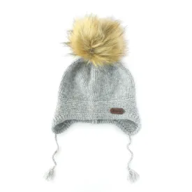 Baby Beanie with faux fur pompom - Grey (0-1 y)