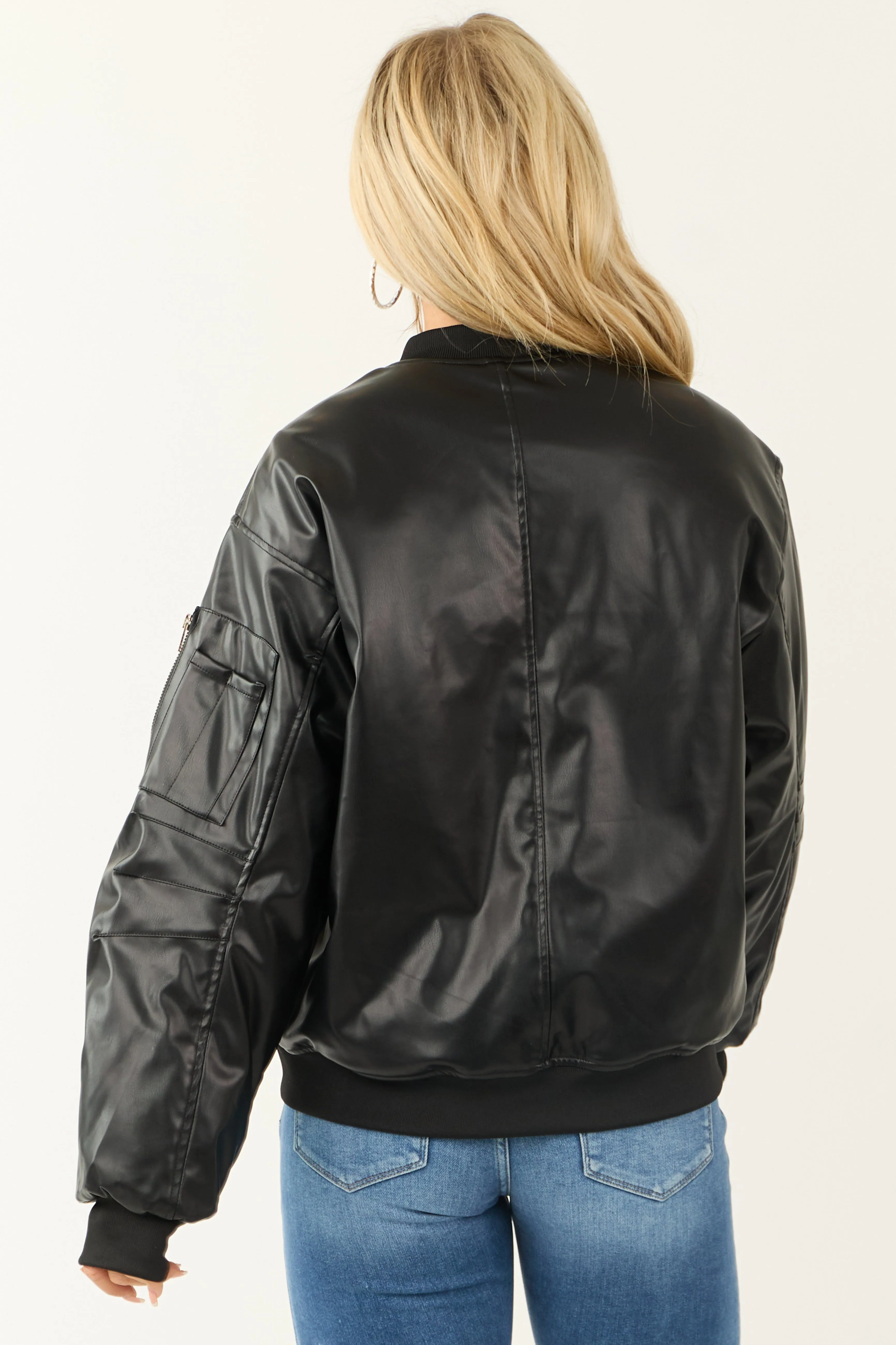 Black Faux Leather Oversized Bomber Jacket