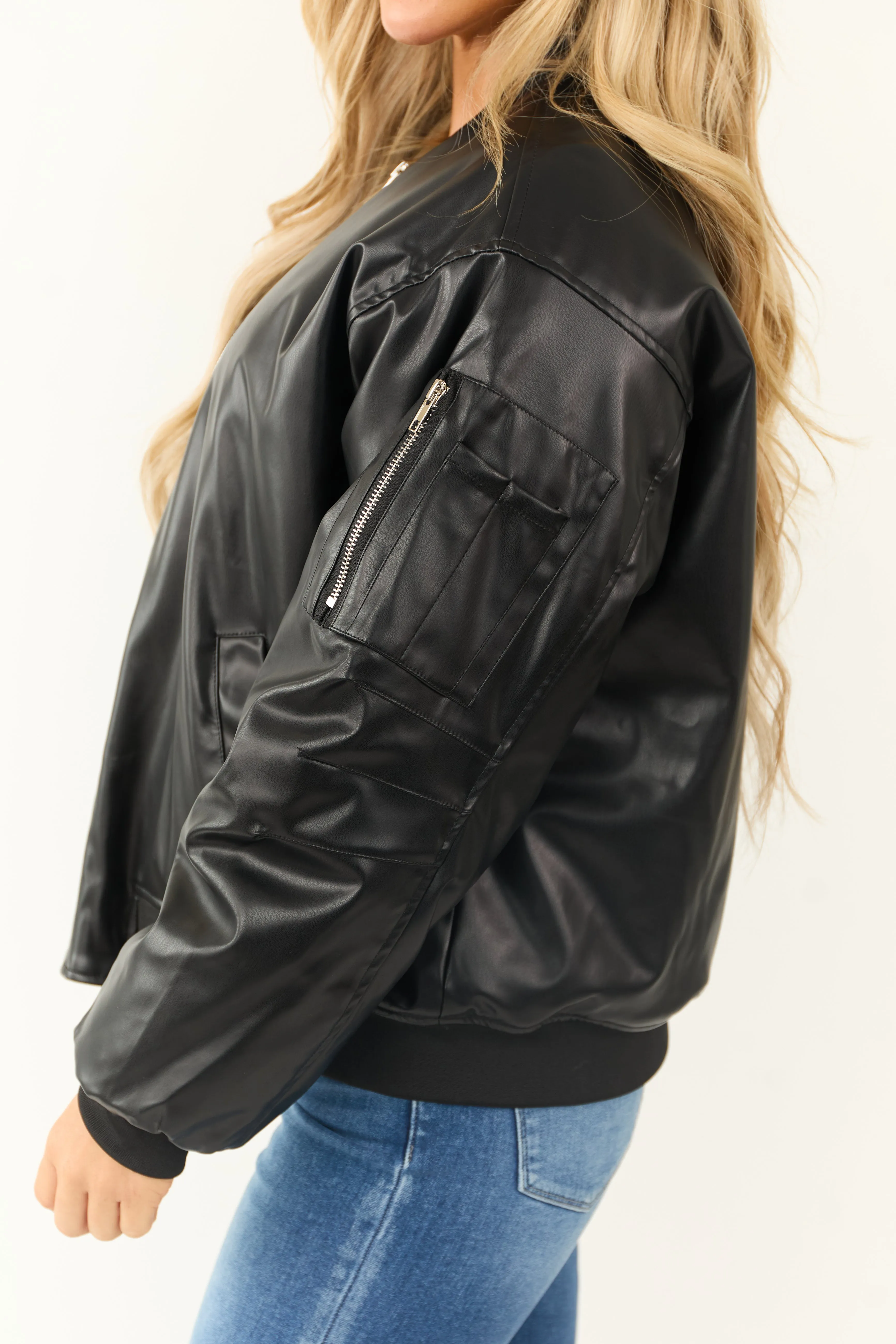 Black Faux Leather Oversized Bomber Jacket