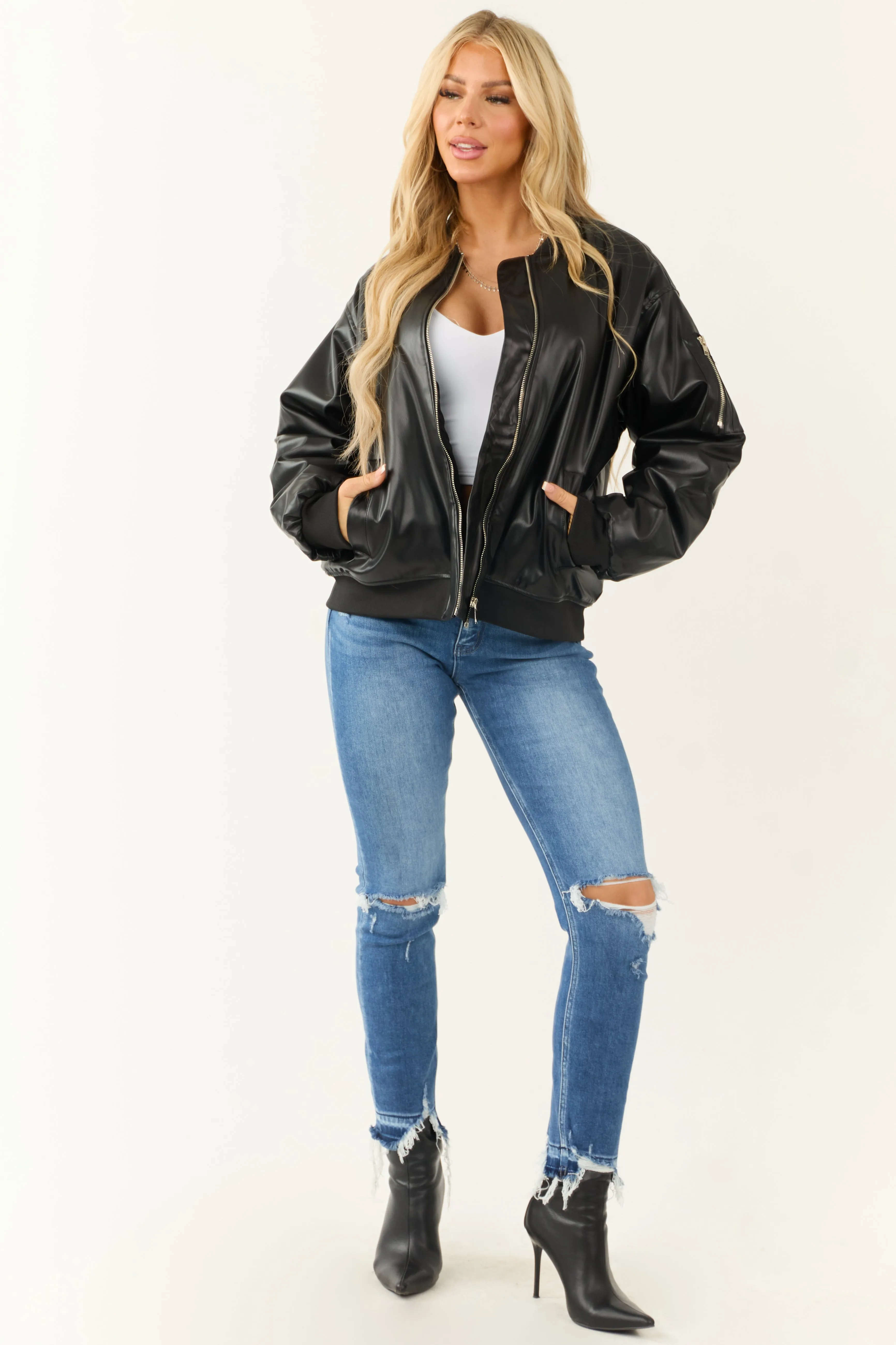 Black Faux Leather Oversized Bomber Jacket