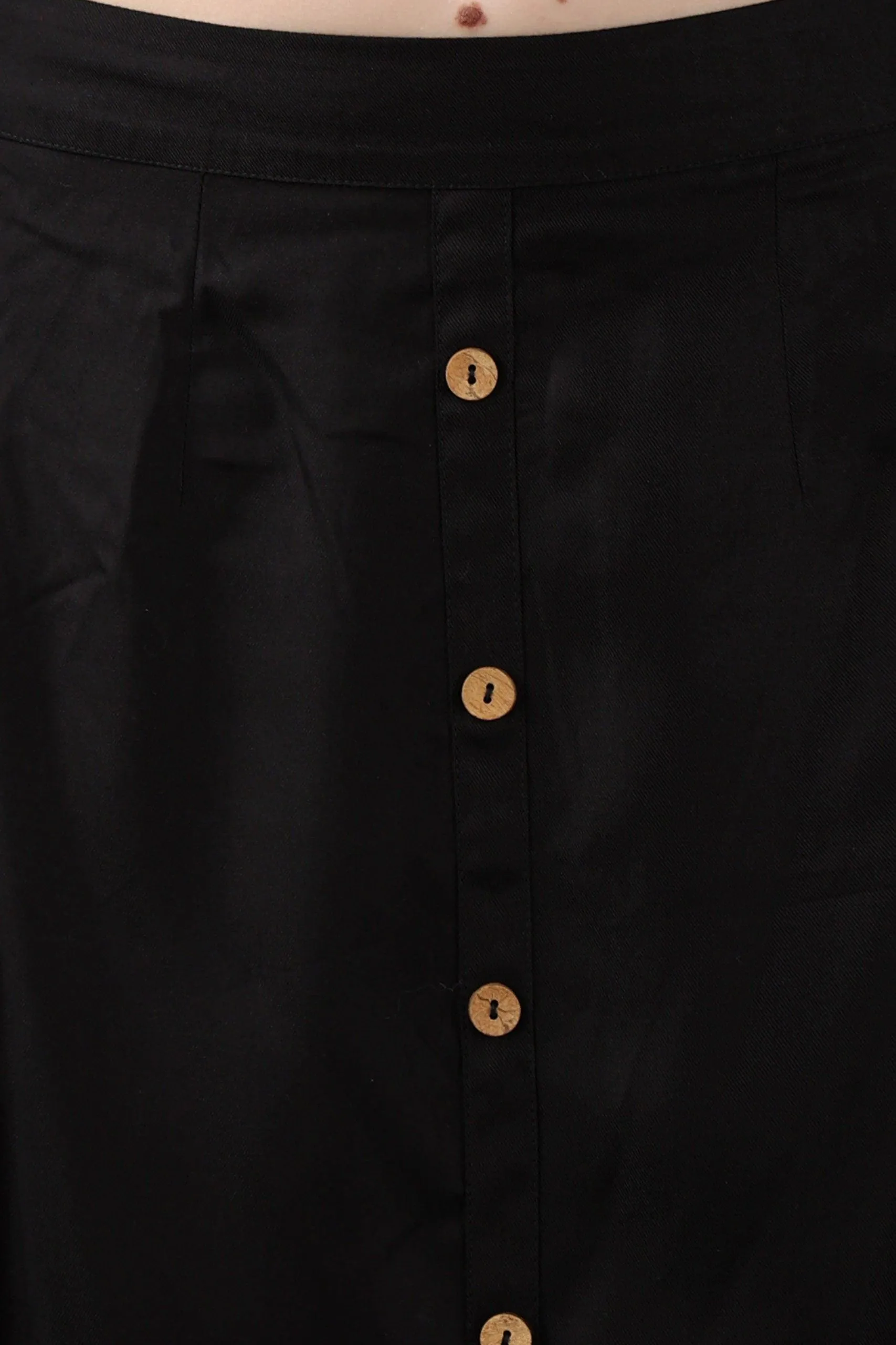 Black Solid Skirt with Buttons