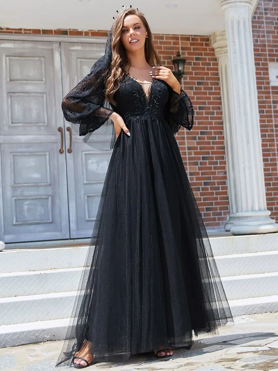 Boho Chic Lantern Sleeve Sheer Black Tulle Wedding Dress