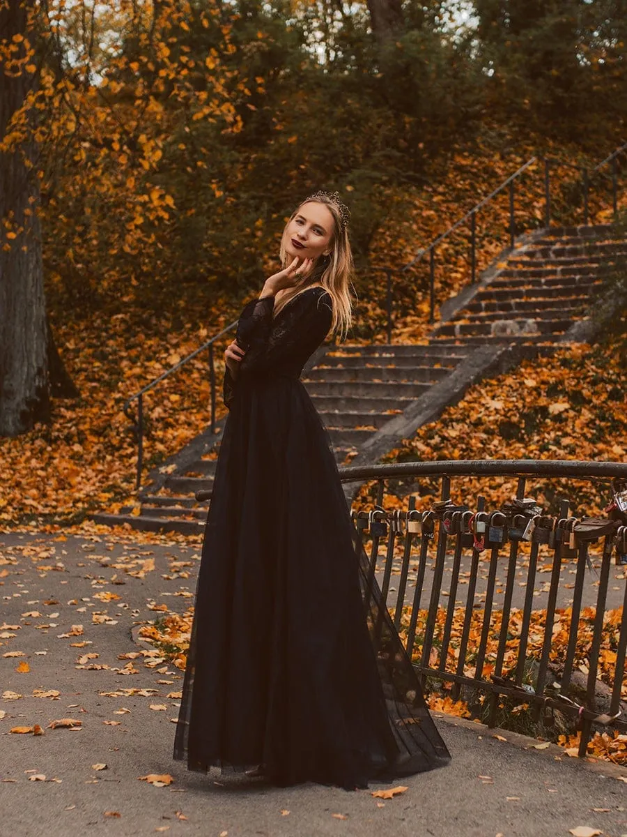 Boho Chic Lantern Sleeve Sheer Black Tulle Wedding Dress