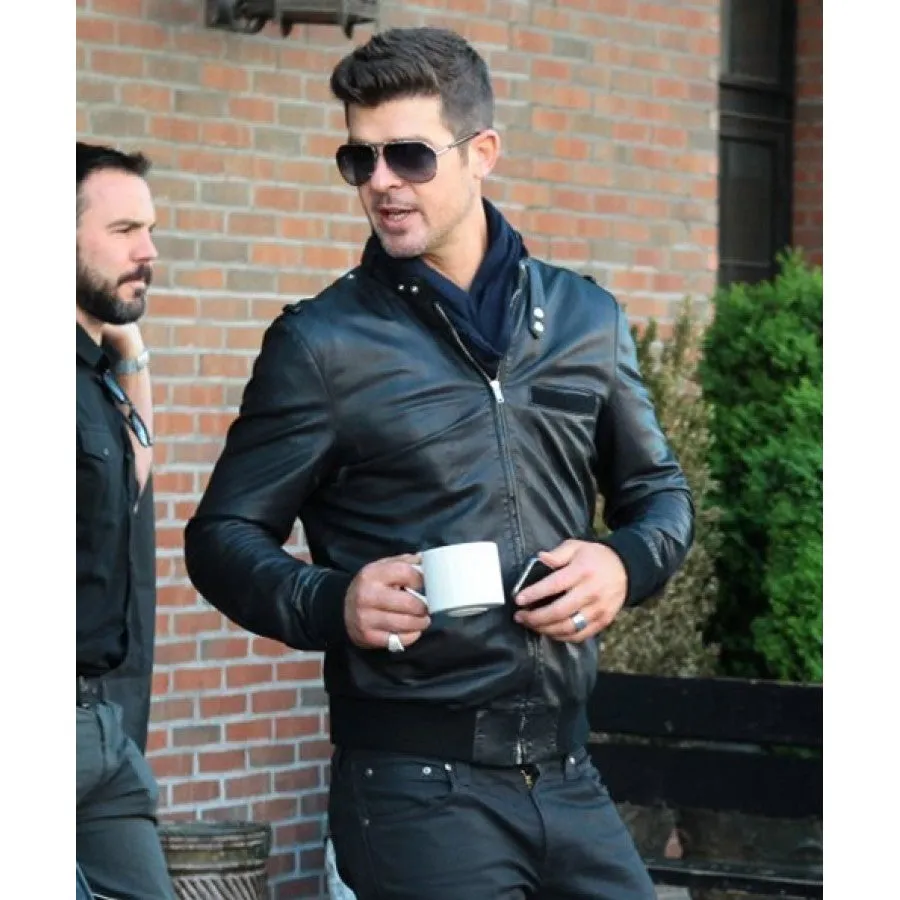 Bomber Style Robin Thicke Black Leather Jacket