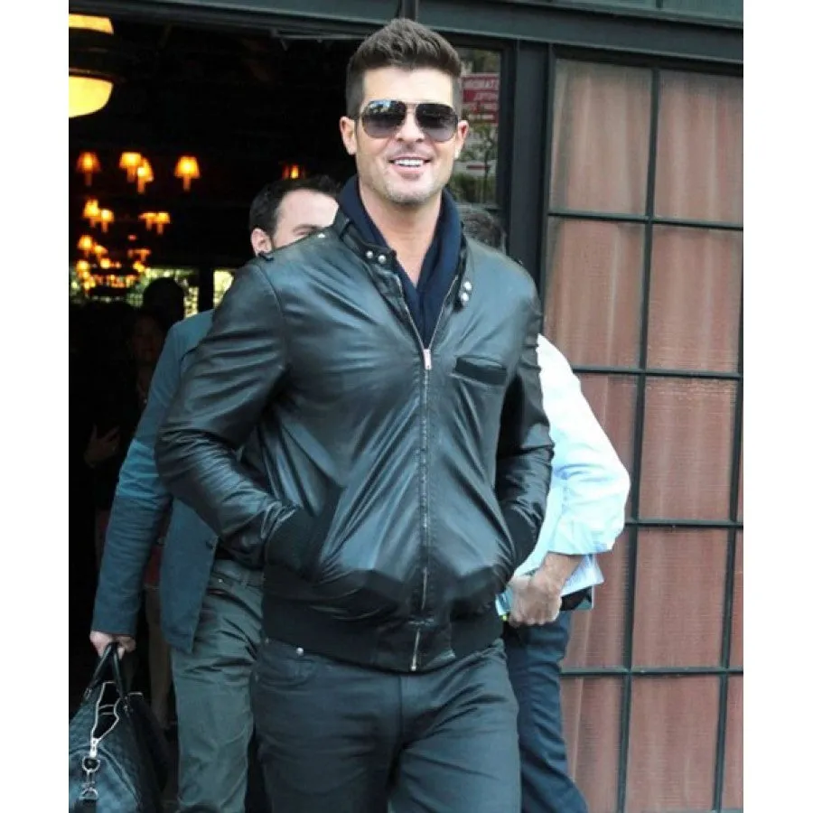 Bomber Style Robin Thicke Black Leather Jacket