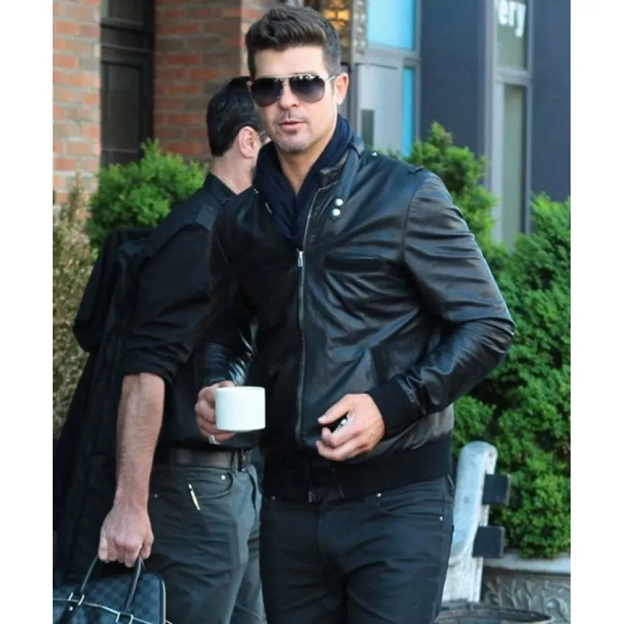 Bomber Style Robin Thicke Black Leather Jacket