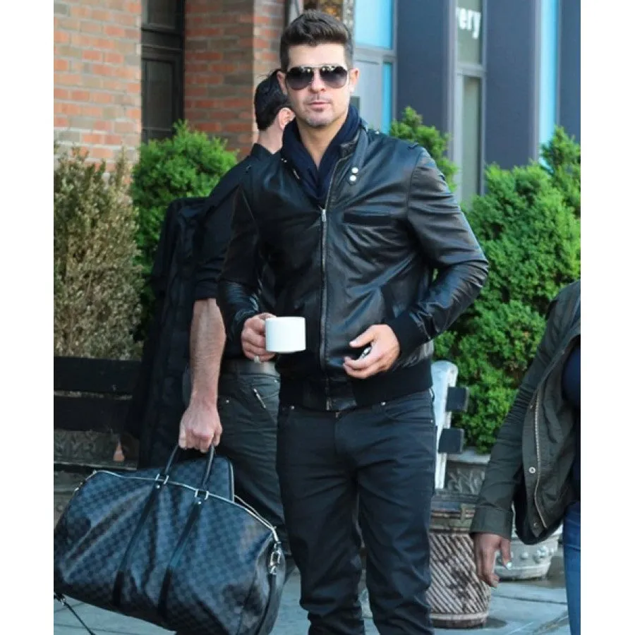 Bomber Style Robin Thicke Black Leather Jacket