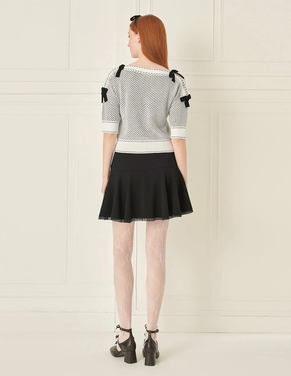 BORA AKSU Boat Neck Bow Black And White Twill Knitted Pullover