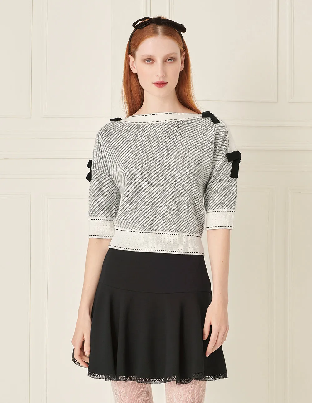 BORA AKSU Boat Neck Bow Black And White Twill Knitted Pullover