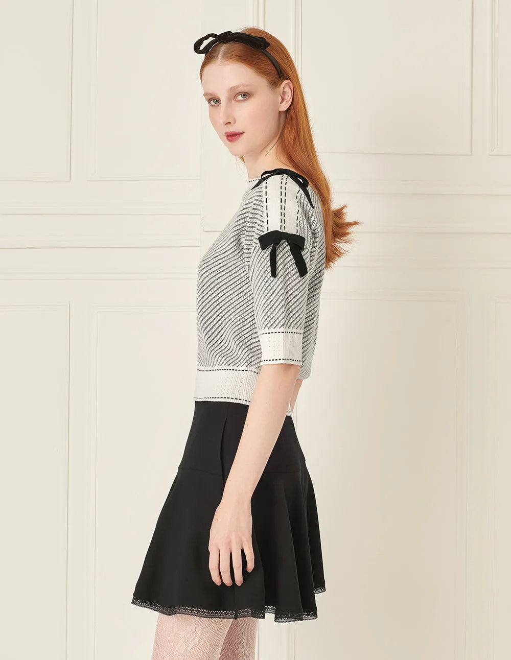 BORA AKSU Boat Neck Bow Black And White Twill Knitted Pullover