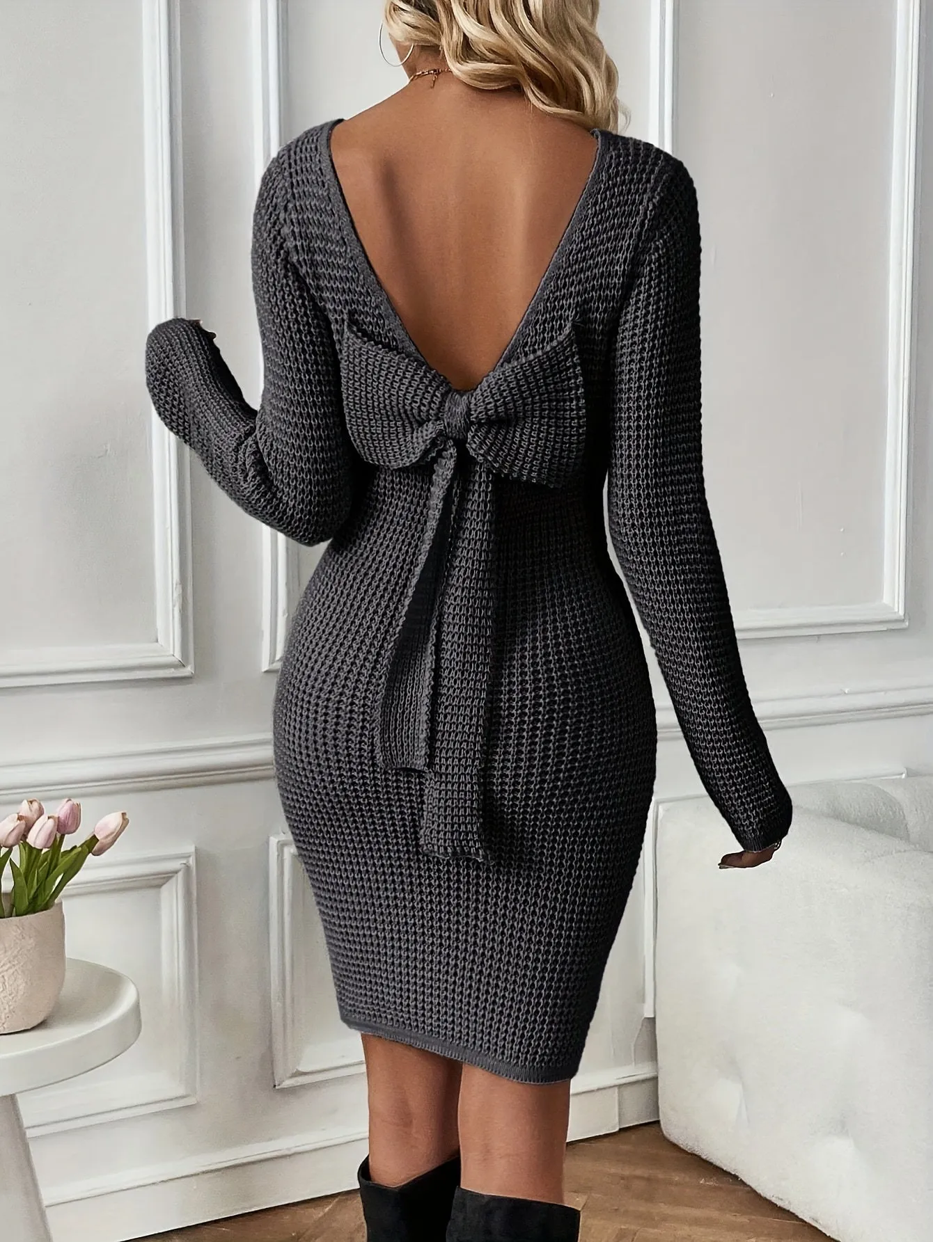 Bow Back Bodycon Knit Dress, Elegant Solid Color Crew Neck Long Sleeve Backless Dress For Fall & Winter, Women's Clothing