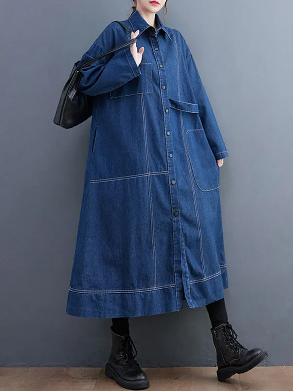 Casual Loose Long Sleeves Buttoned Lapel Collar Denim Trench Coats