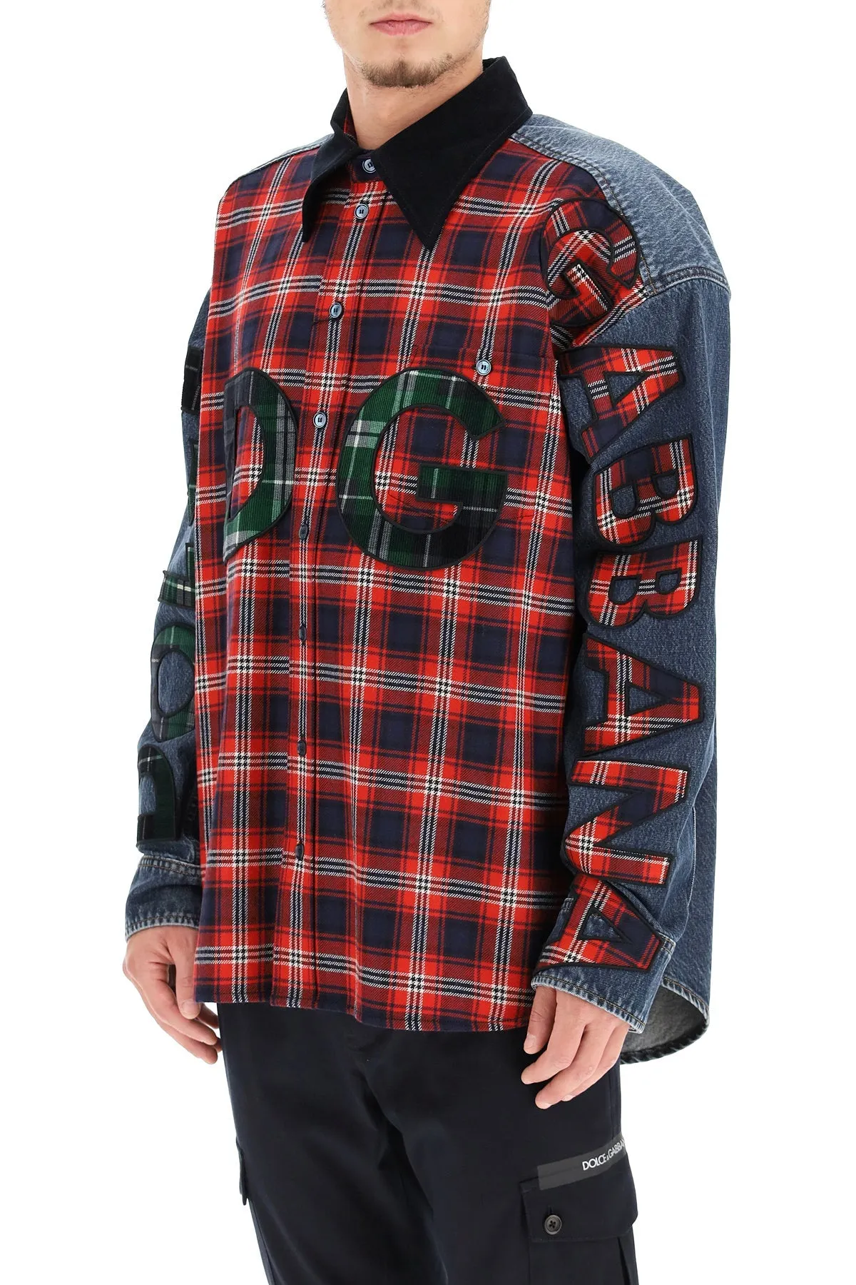 Dolce & Gabbana Oversized Denim And Flannel Shirt With Logo (Size - 39)