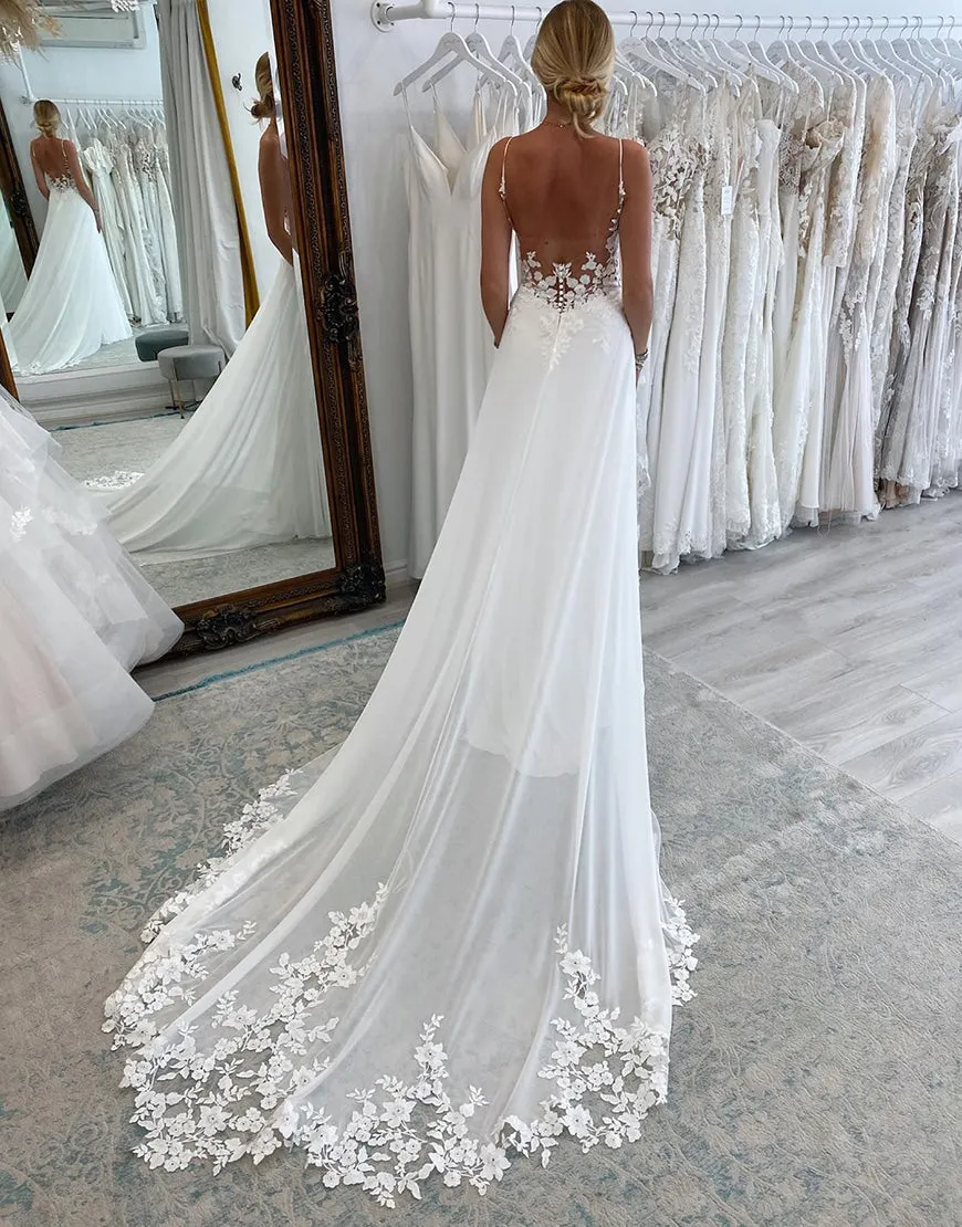 Dream White Chiffon Boho A-Line Wedding Dress with Lace