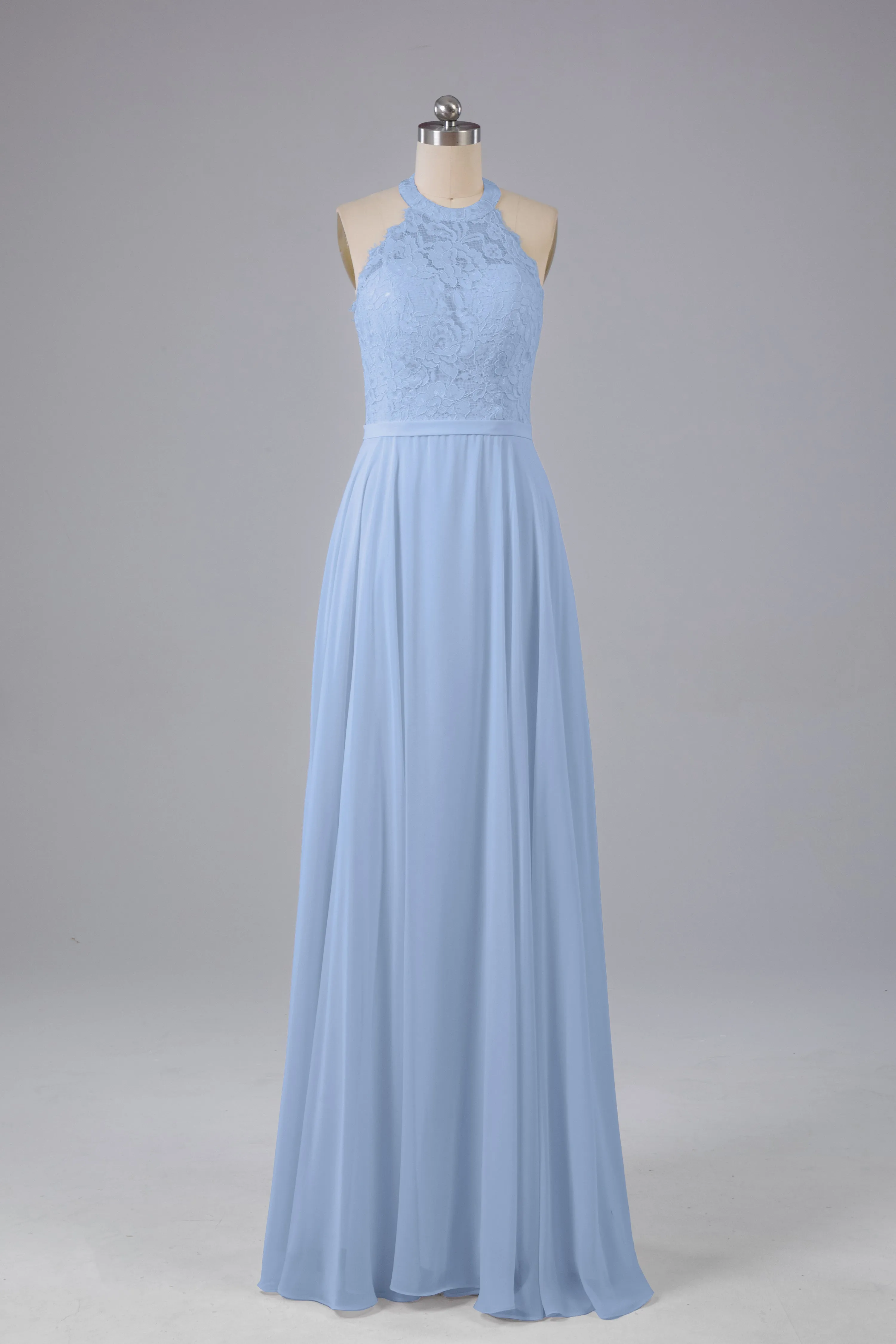 Elegant Halter Illusion Lace Floor Length Bridesmaid Dresses