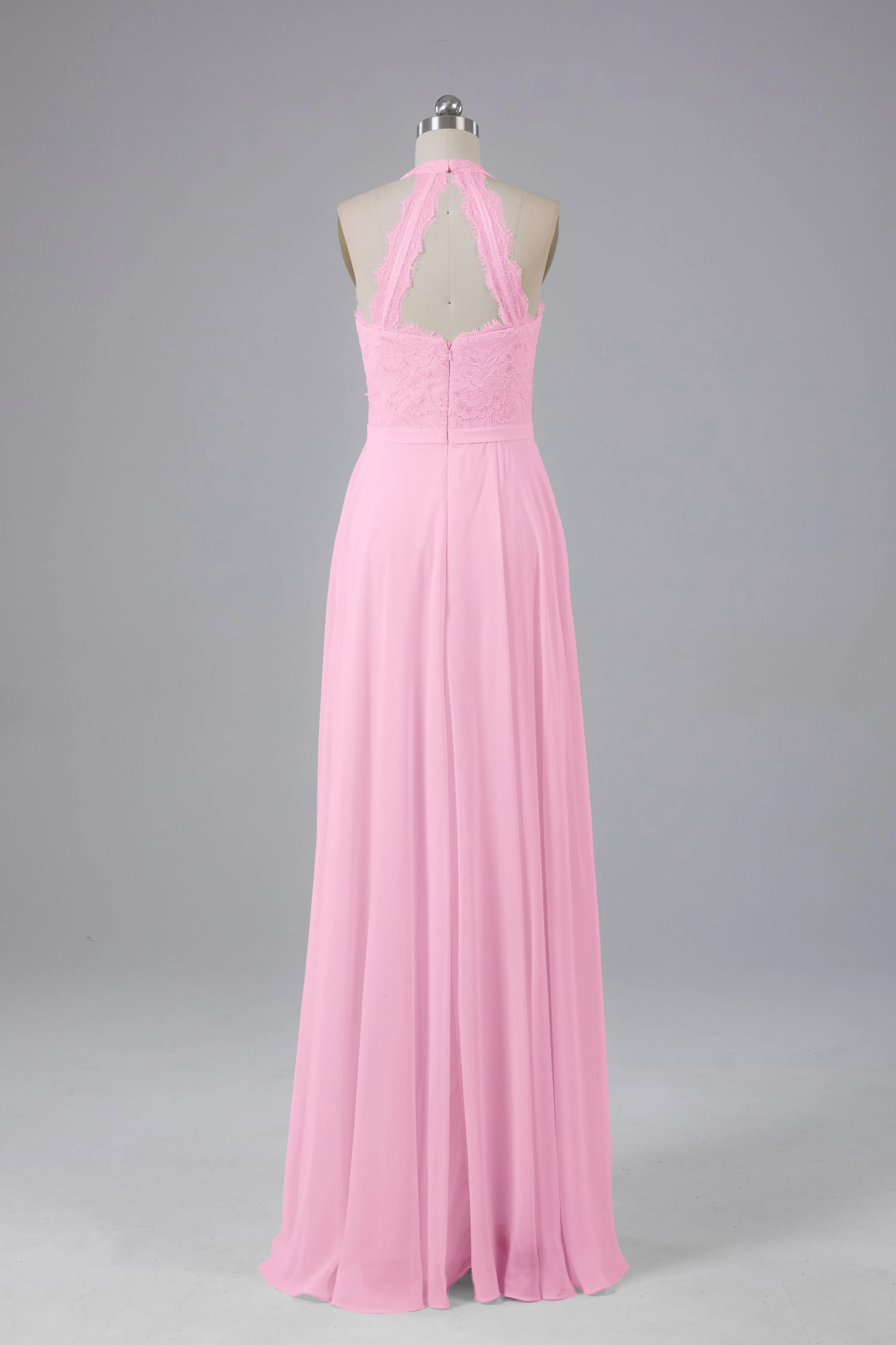 Elegant Halter Illusion Lace Floor Length Bridesmaid Dresses