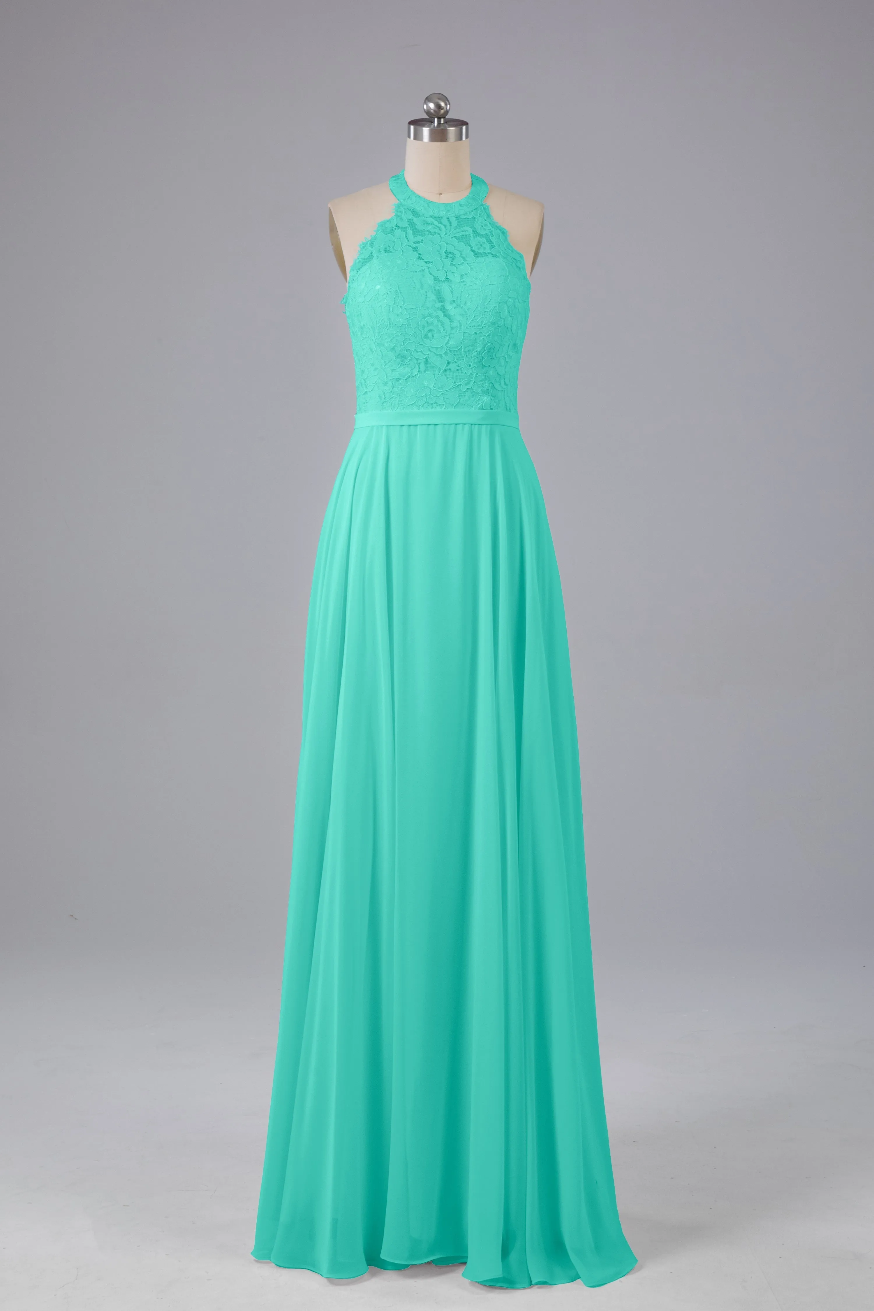 Elegant Halter Illusion Lace Floor Length Bridesmaid Dresses