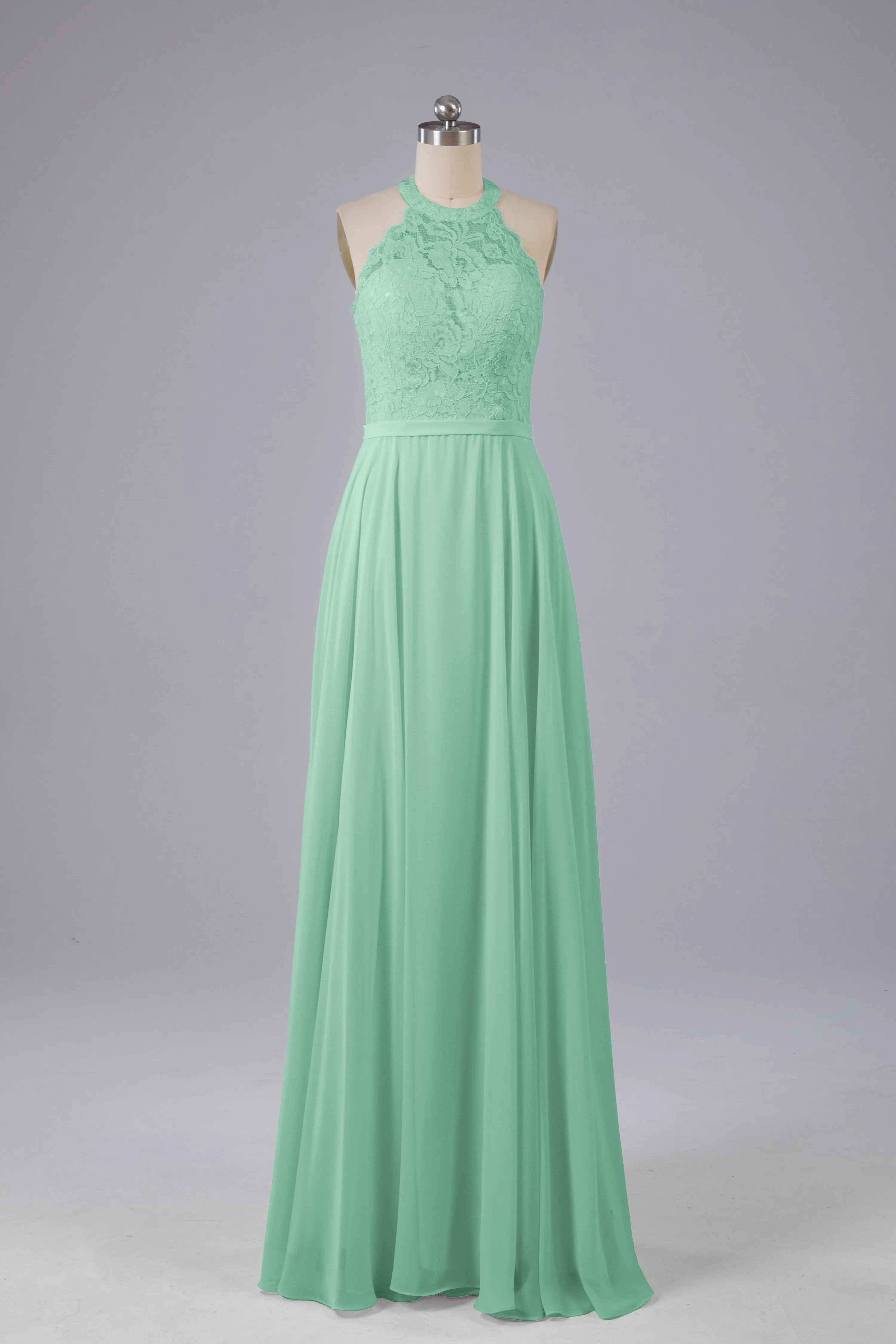 Elegant Halter Illusion Lace Floor Length Bridesmaid Dresses