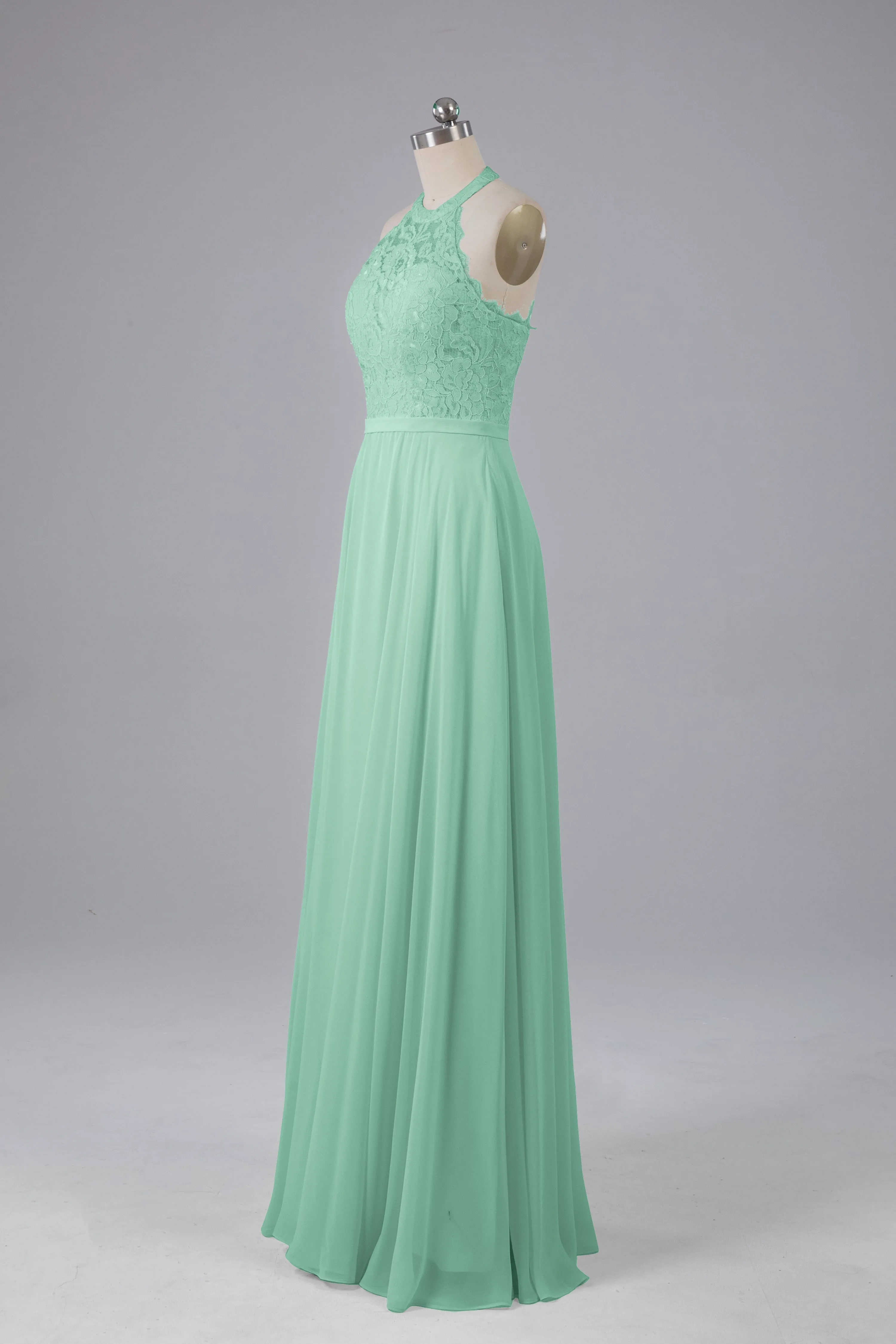 Elegant Halter Illusion Lace Floor Length Bridesmaid Dresses