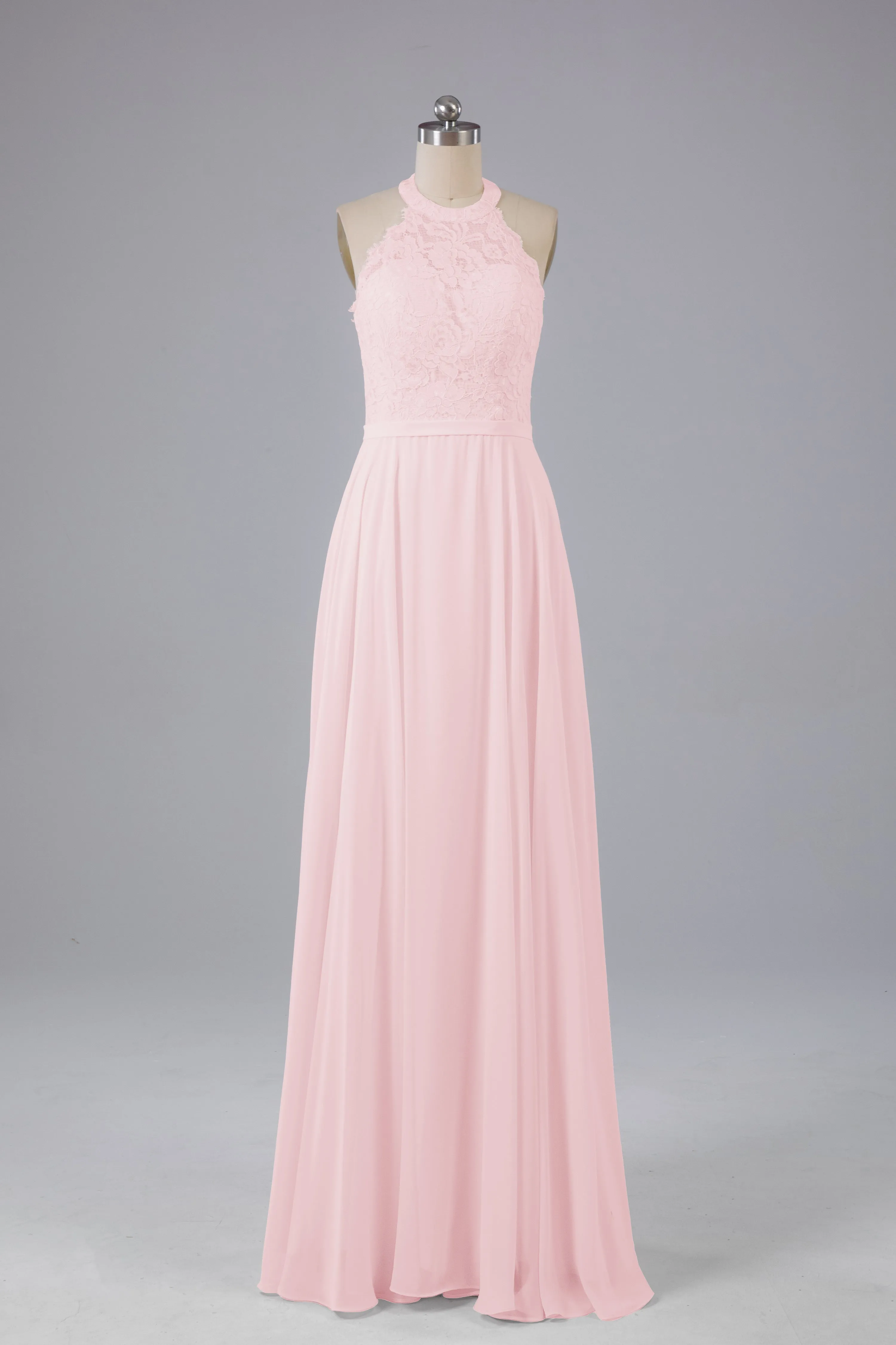 Elegant Halter Illusion Lace Floor Length Bridesmaid Dresses