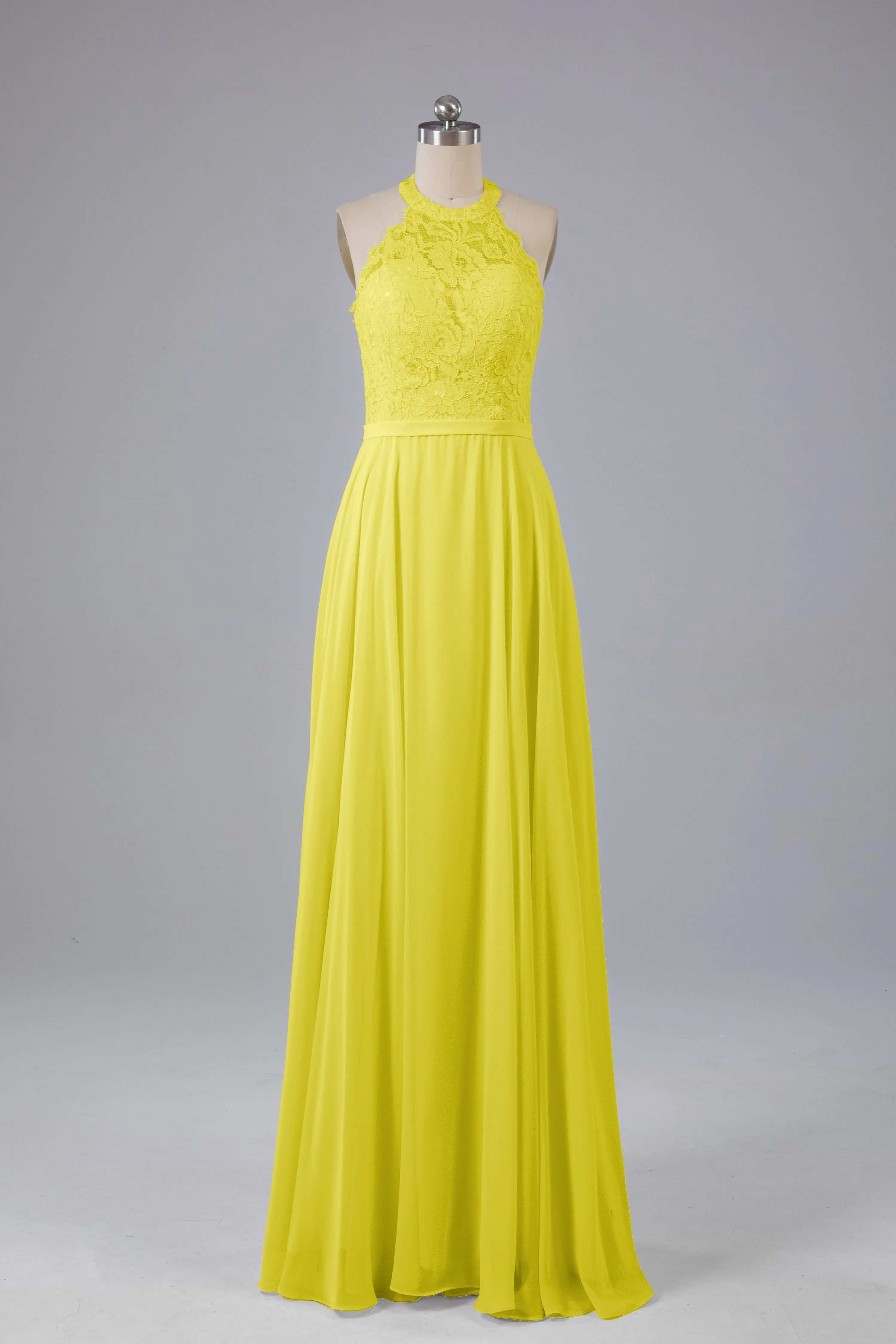 Elegant Halter Illusion Lace Floor Length Bridesmaid Dresses