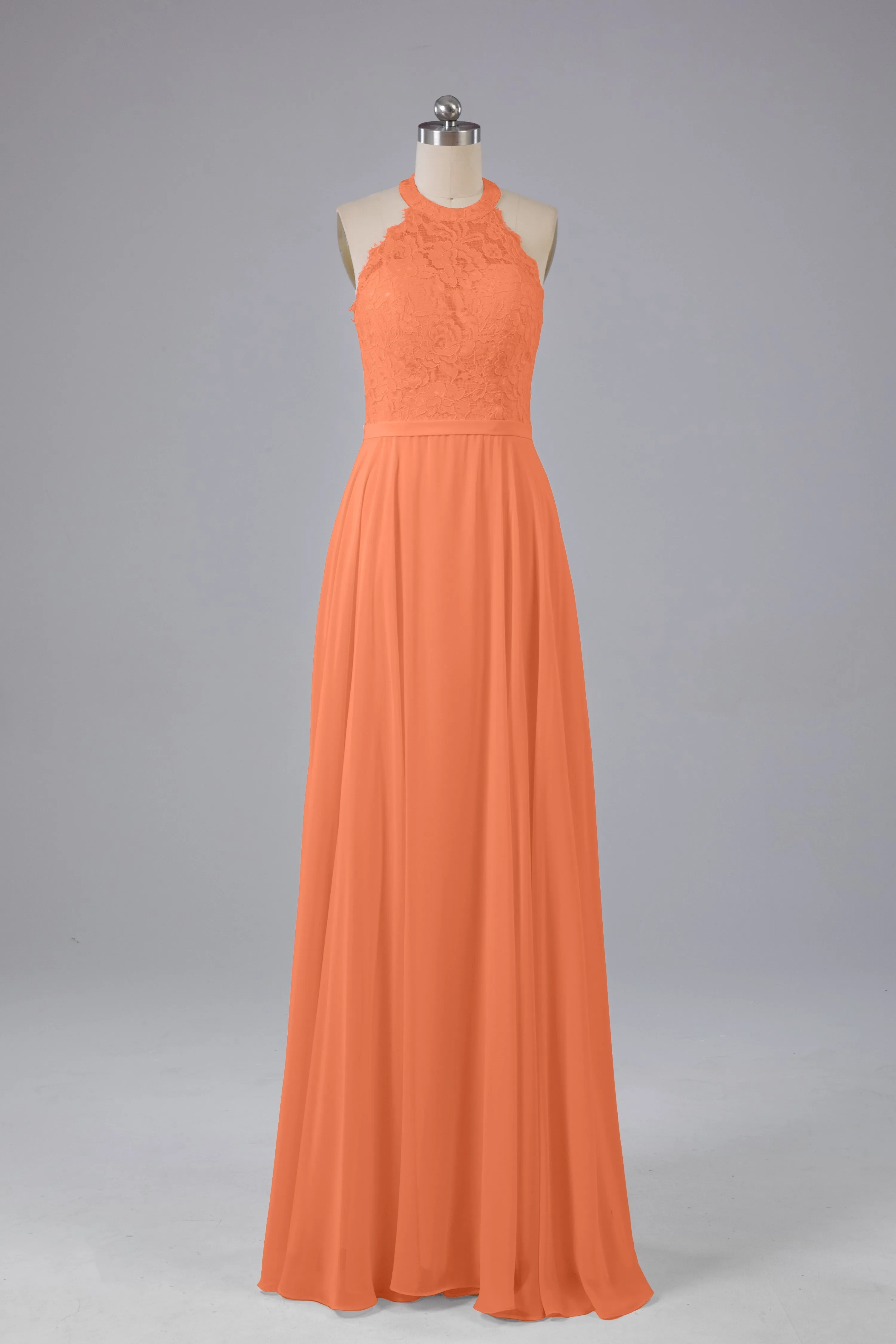 Elegant Halter Illusion Lace Floor Length Bridesmaid Dresses