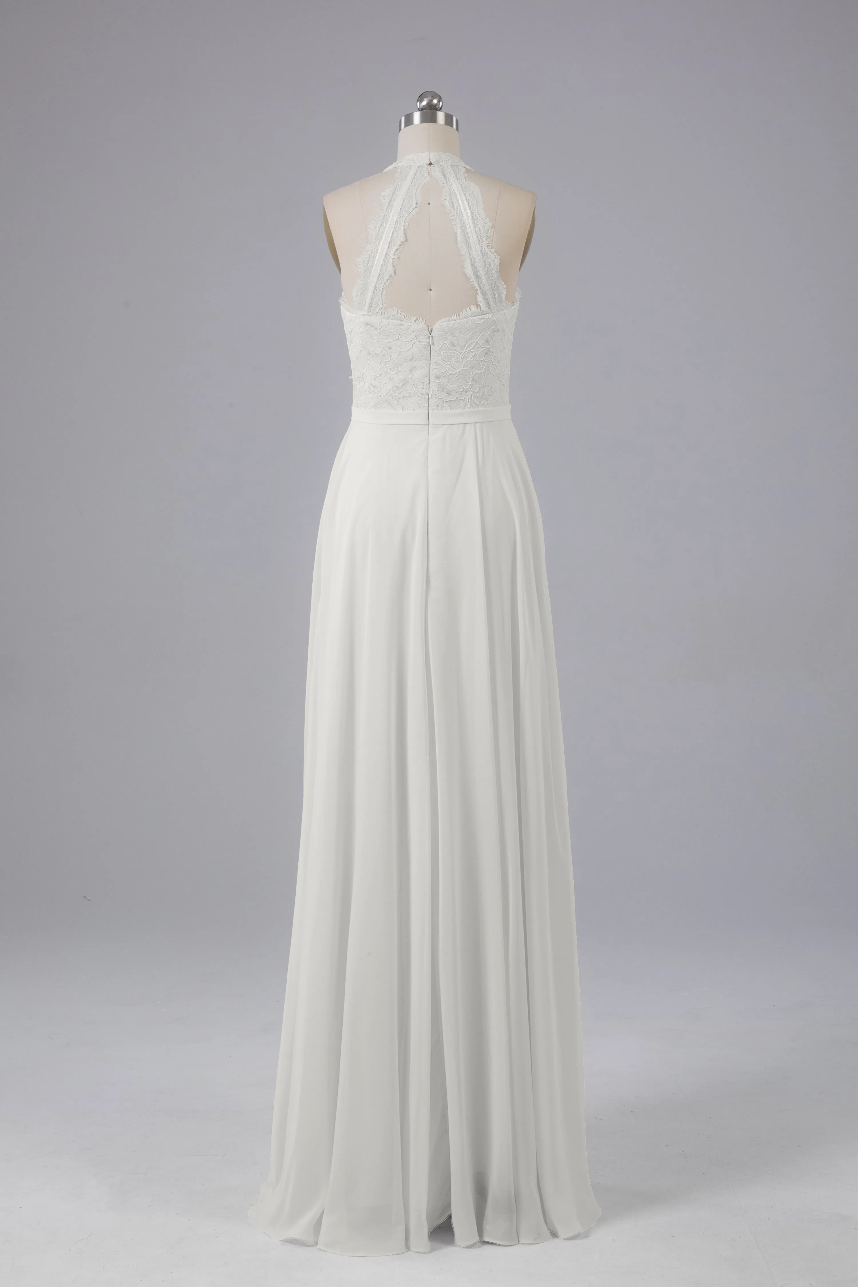 Elegant Halter Illusion Lace Floor Length Bridesmaid Dresses