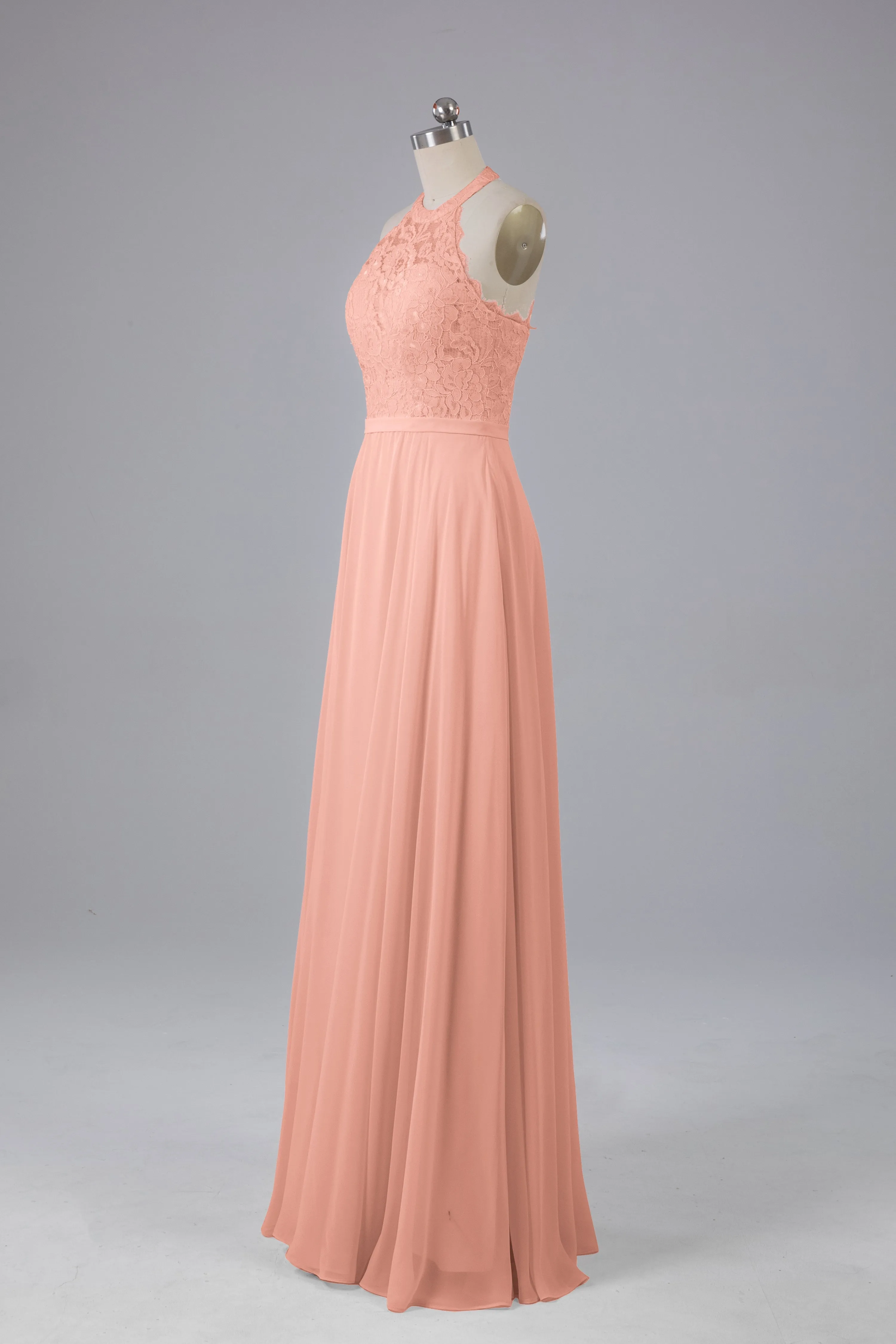 Elegant Halter Illusion Lace Floor Length Bridesmaid Dresses