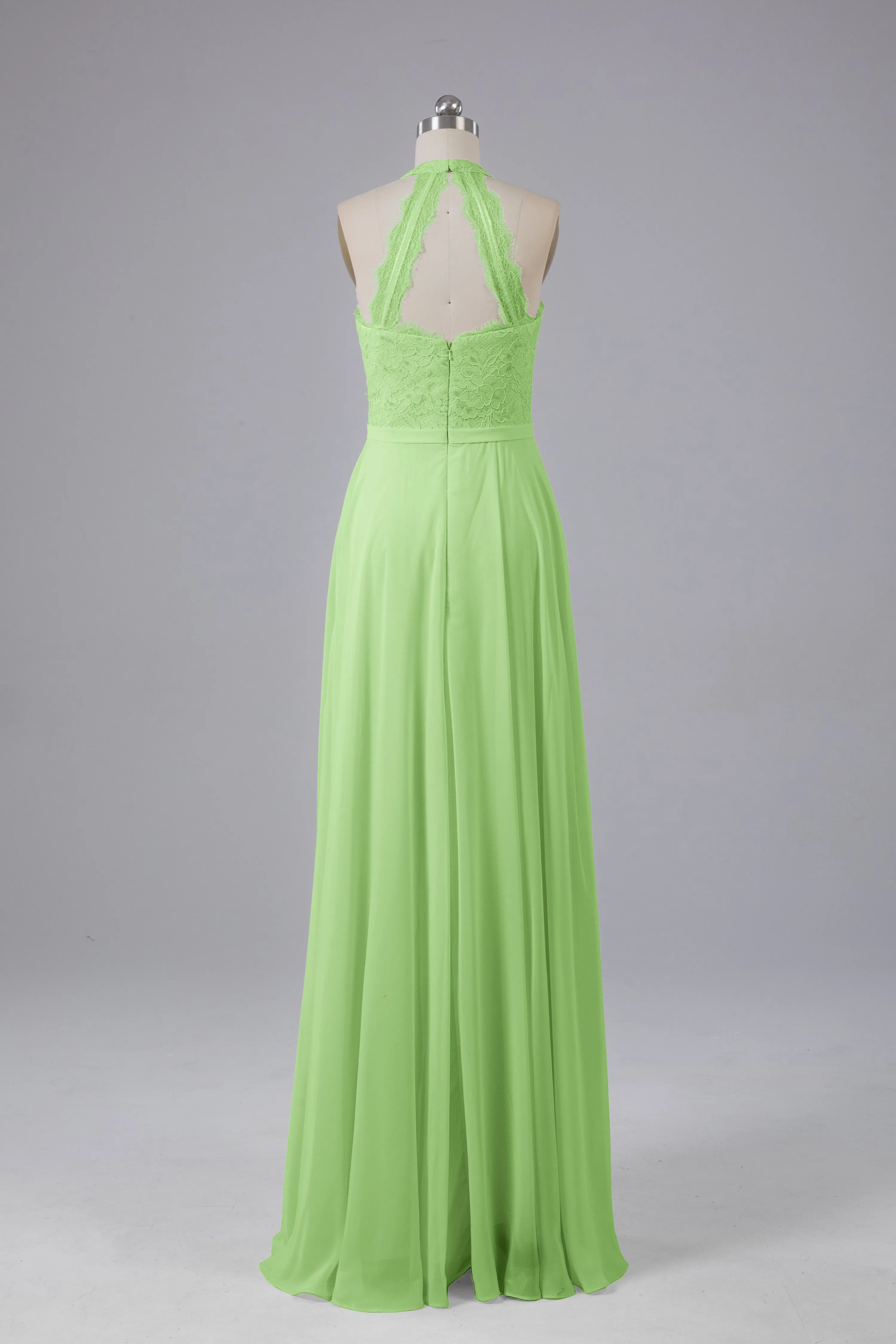 Elegant Halter Illusion Lace Floor Length Bridesmaid Dresses