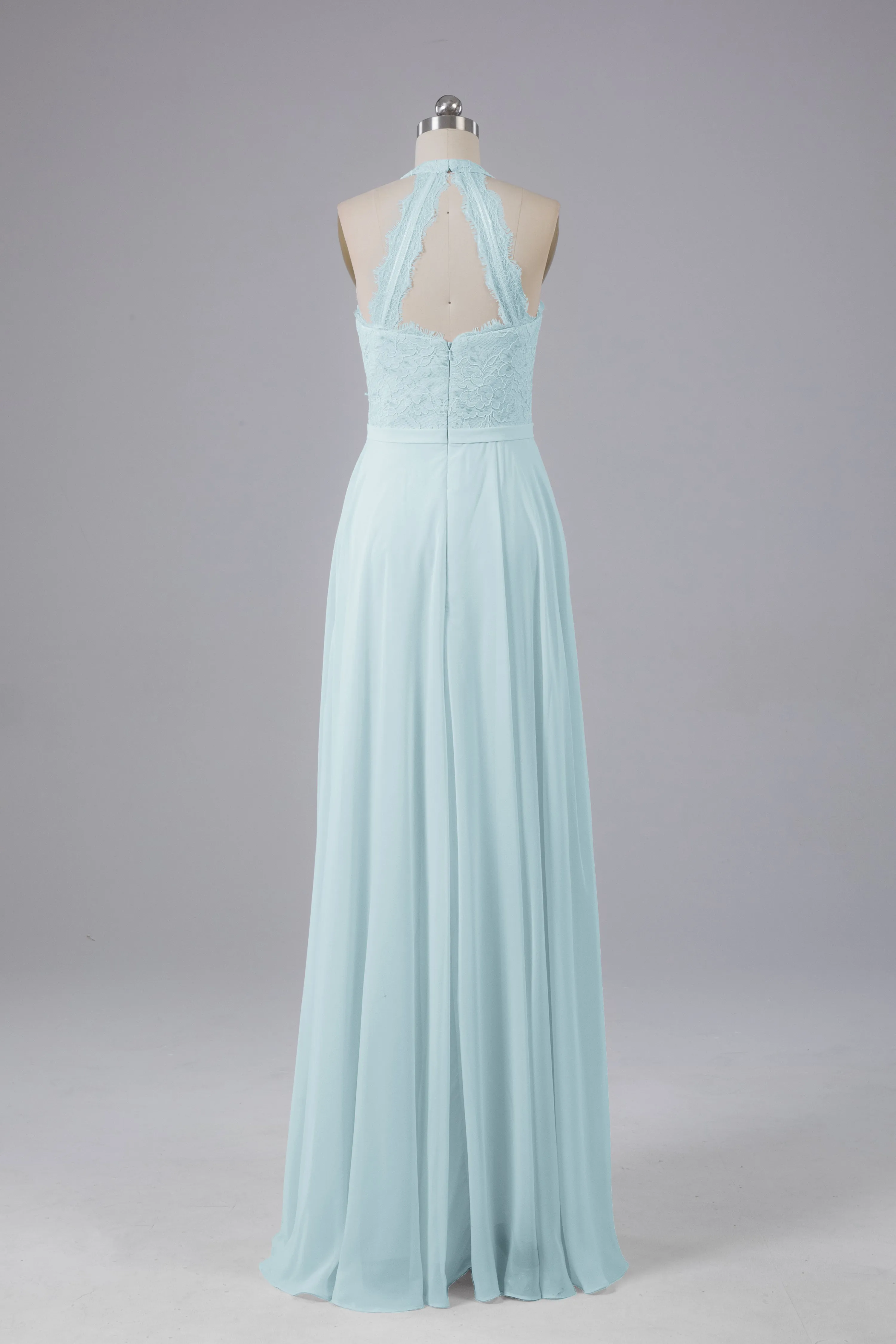 Elegant Halter Illusion Lace Floor Length Bridesmaid Dresses