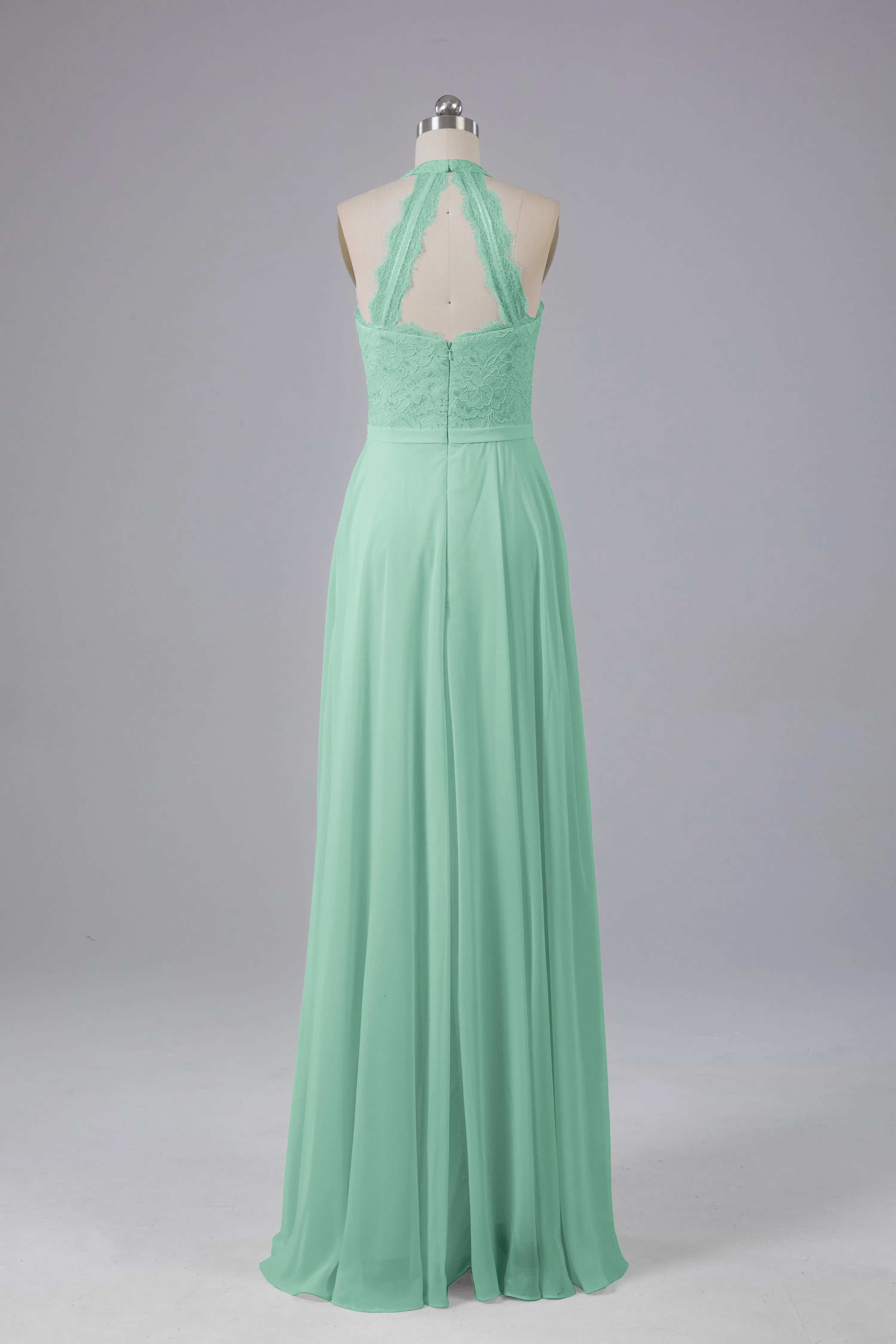 Elegant Halter Illusion Lace Floor Length Bridesmaid Dresses