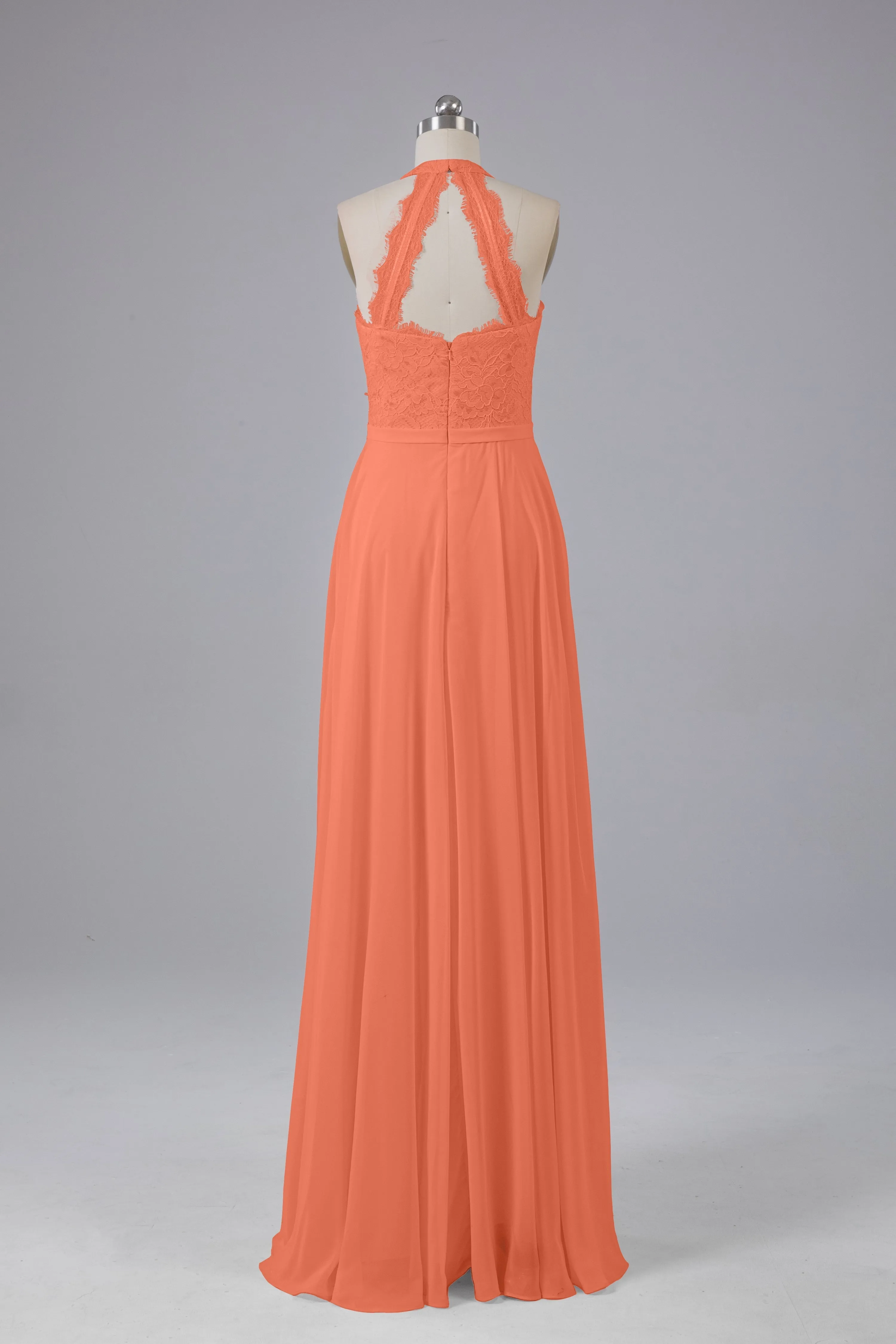 Elegant Halter Illusion Lace Floor Length Bridesmaid Dresses