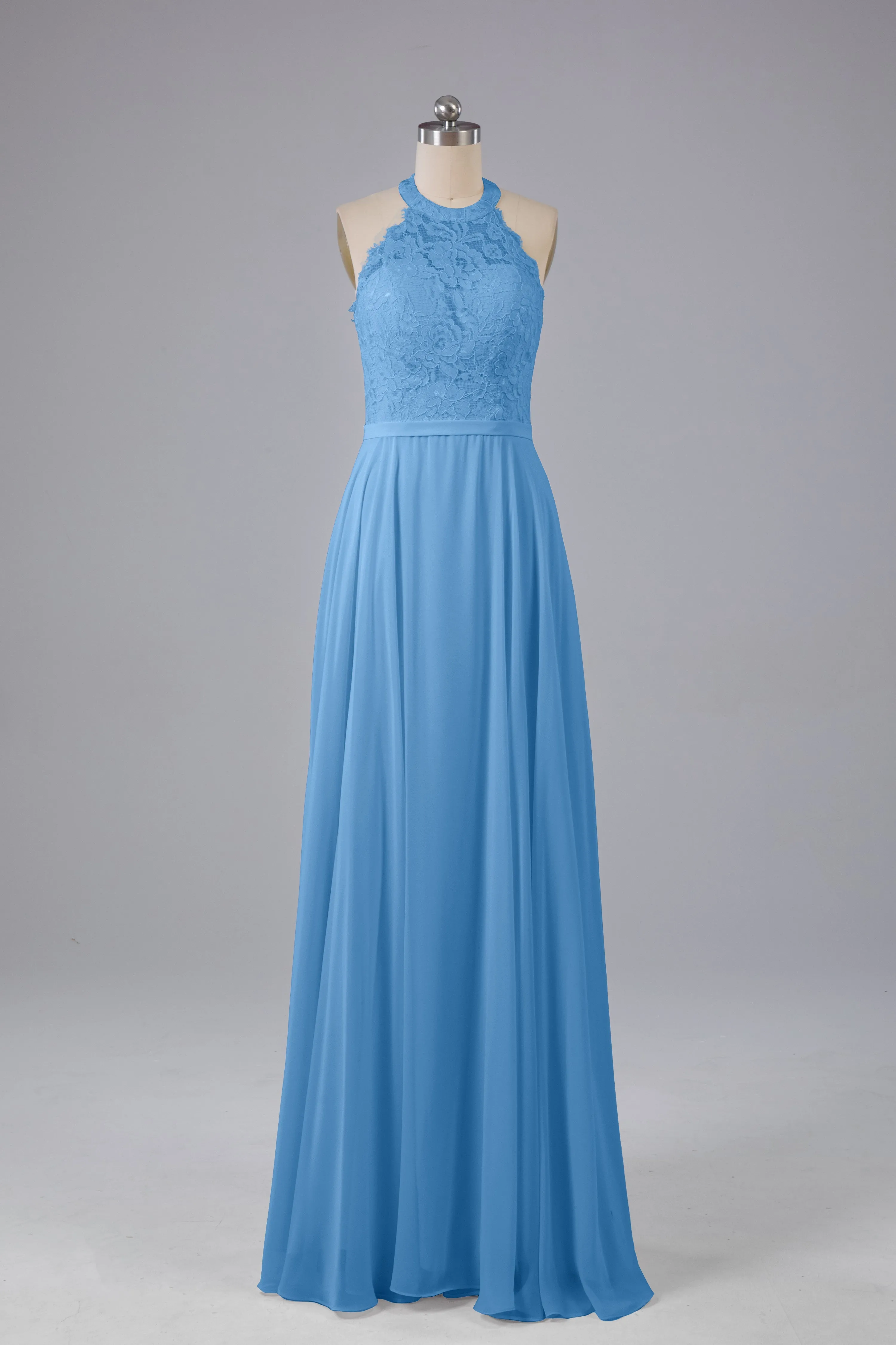 Elegant Halter Illusion Lace Floor Length Bridesmaid Dresses