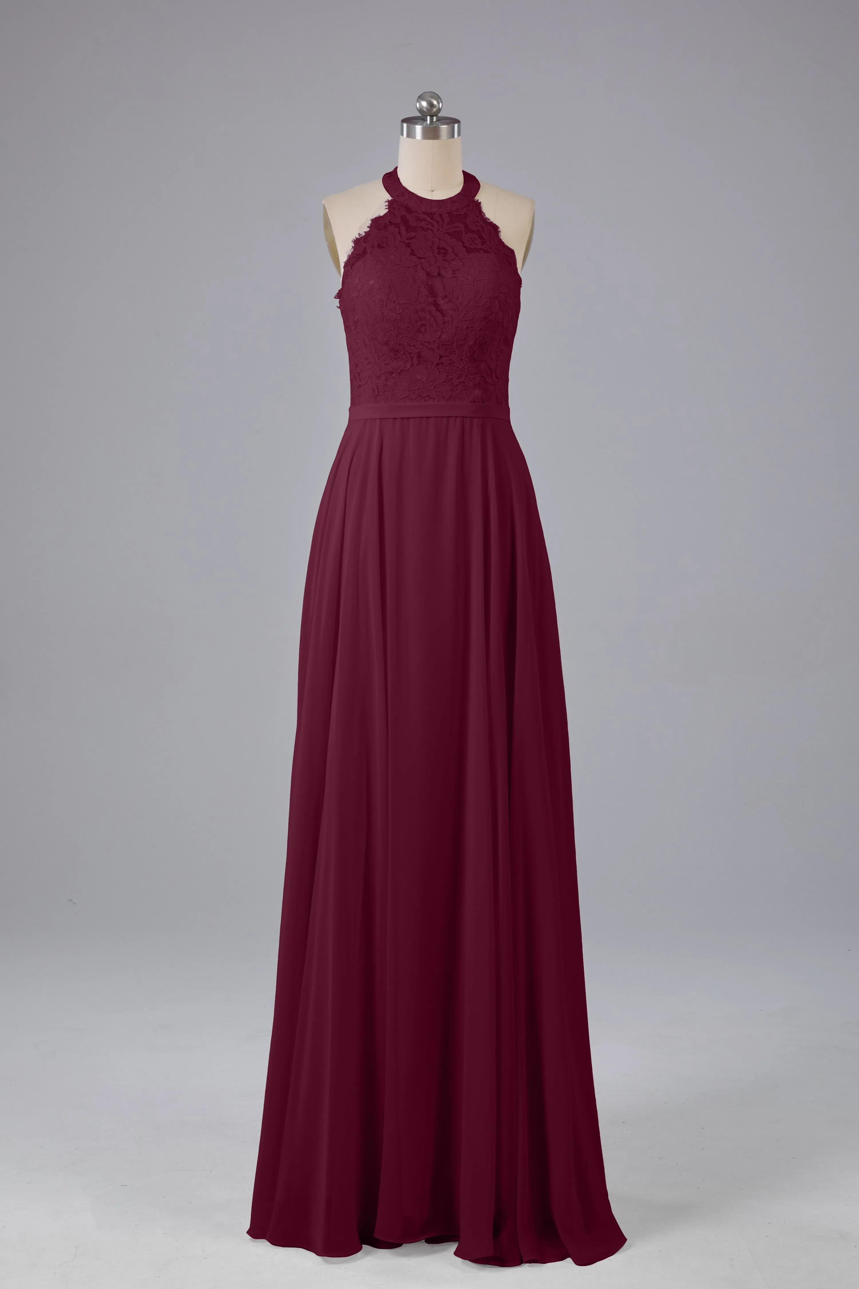 Elegant Halter Illusion Lace Floor Length Bridesmaid Dresses