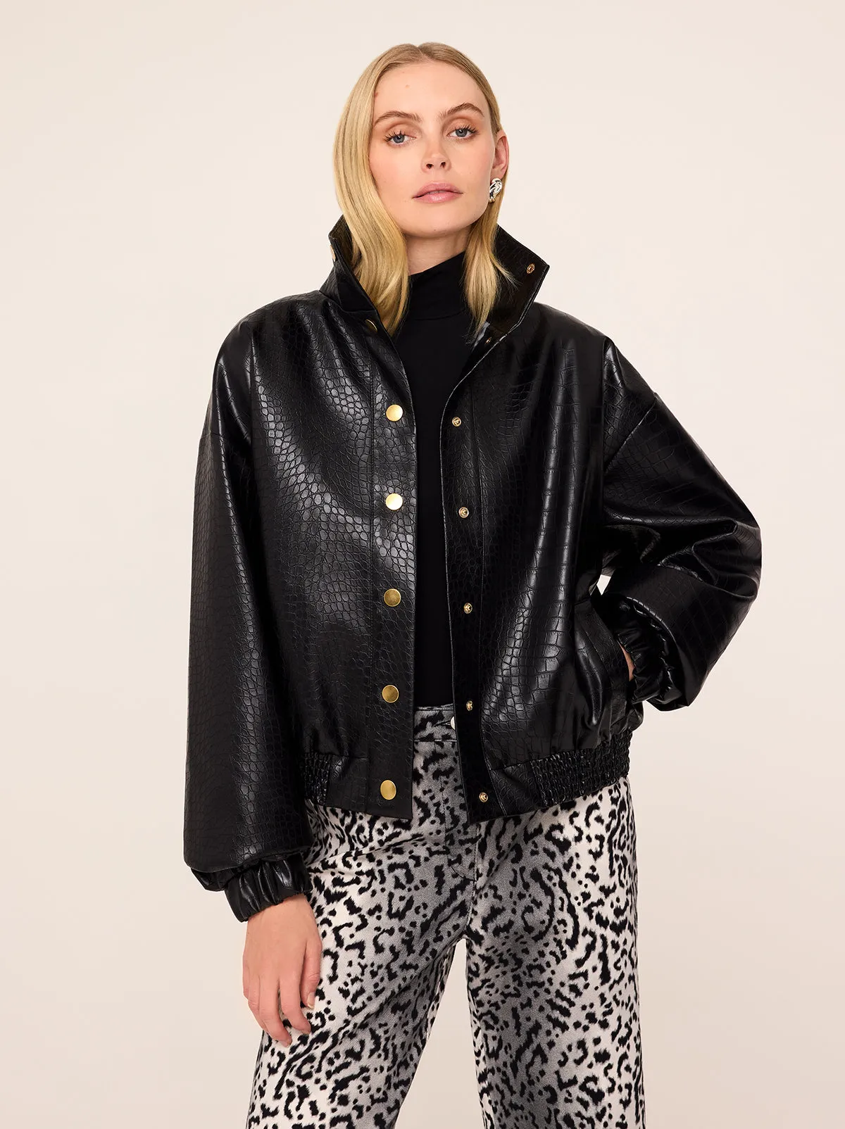 Estelle Black Faux Croc Oversized Bomber Jacket