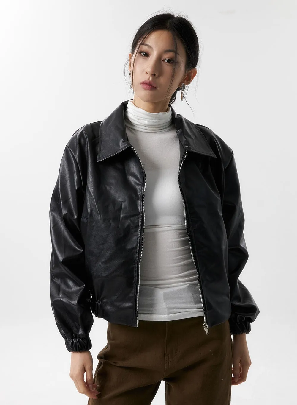 Faux Leather Bomber Jacket IS320