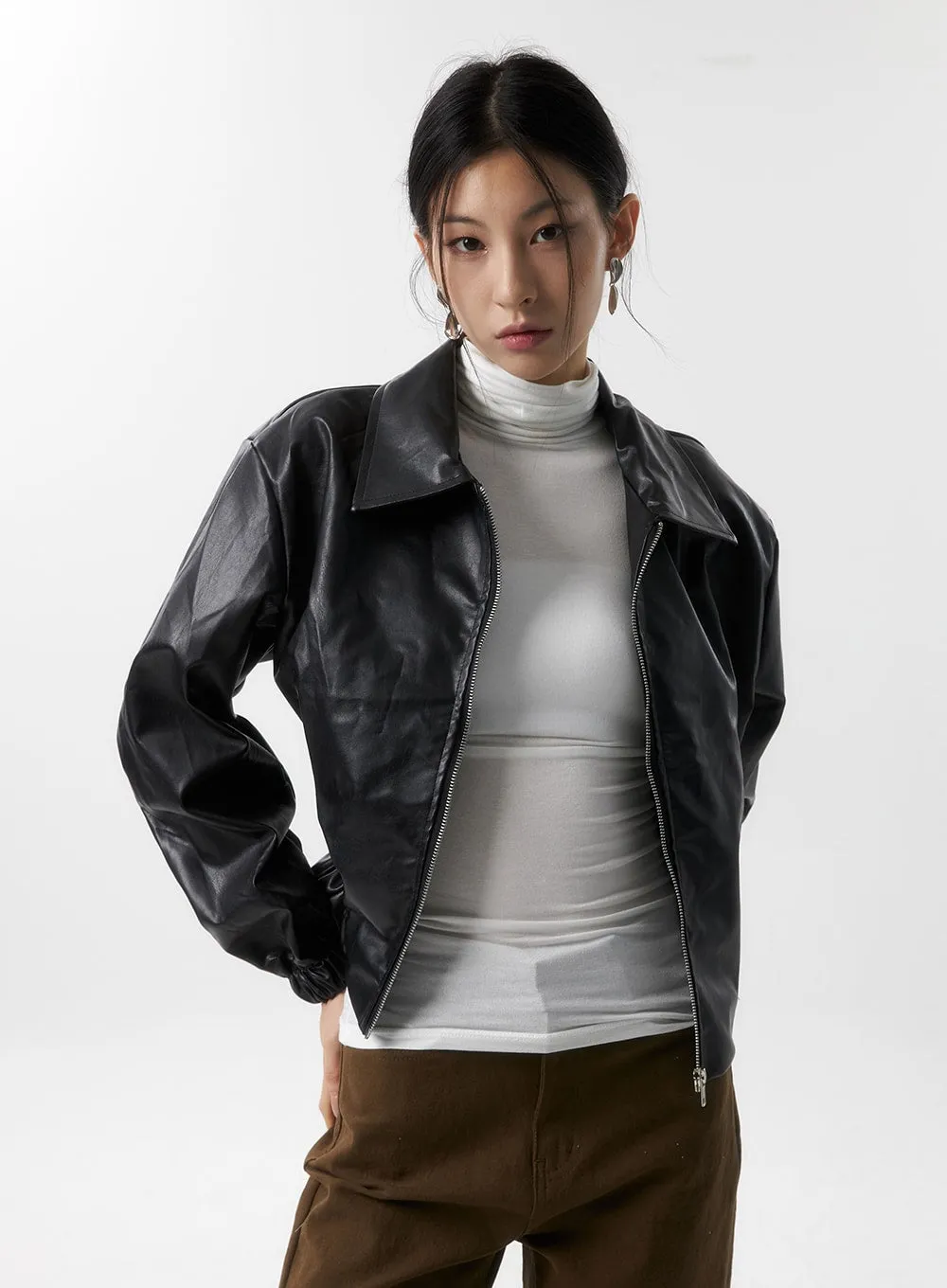 Faux Leather Bomber Jacket IS320